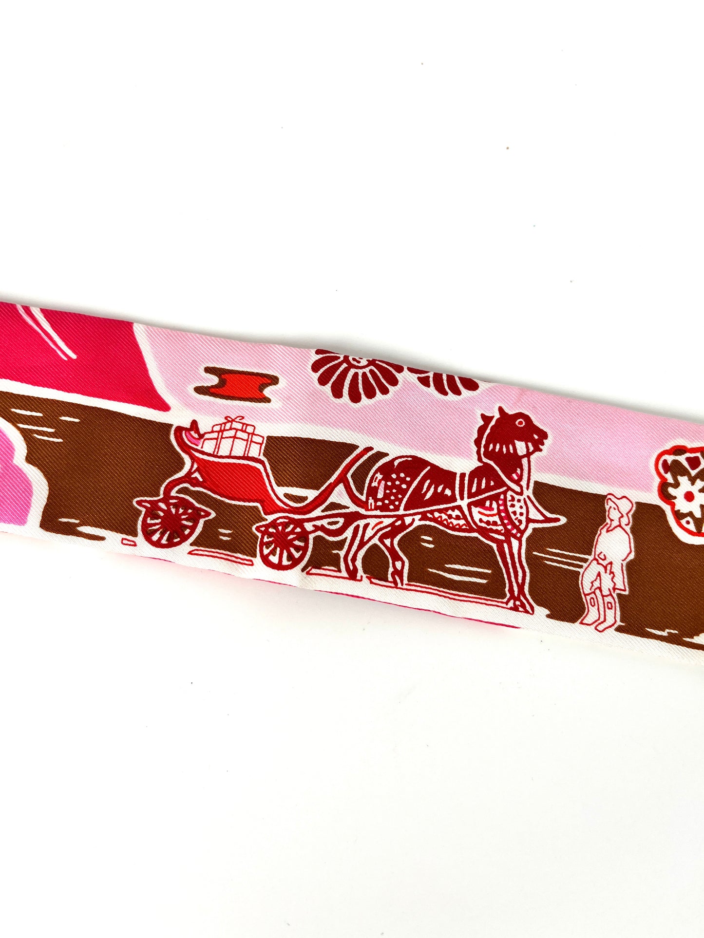 HERMES Horse Carriage Floral Pink Red Silk Twilly Scarf