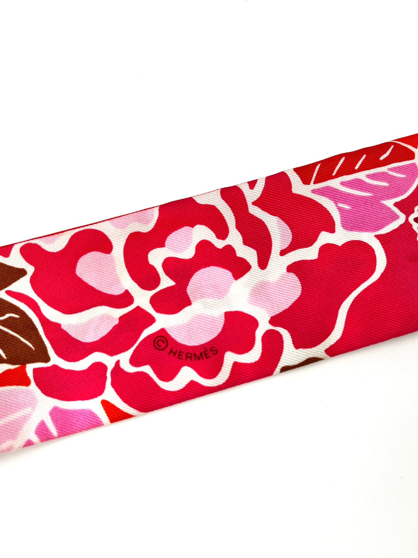 HERMES Horse Carriage Floral Pink Red Silk Twilly Scarf