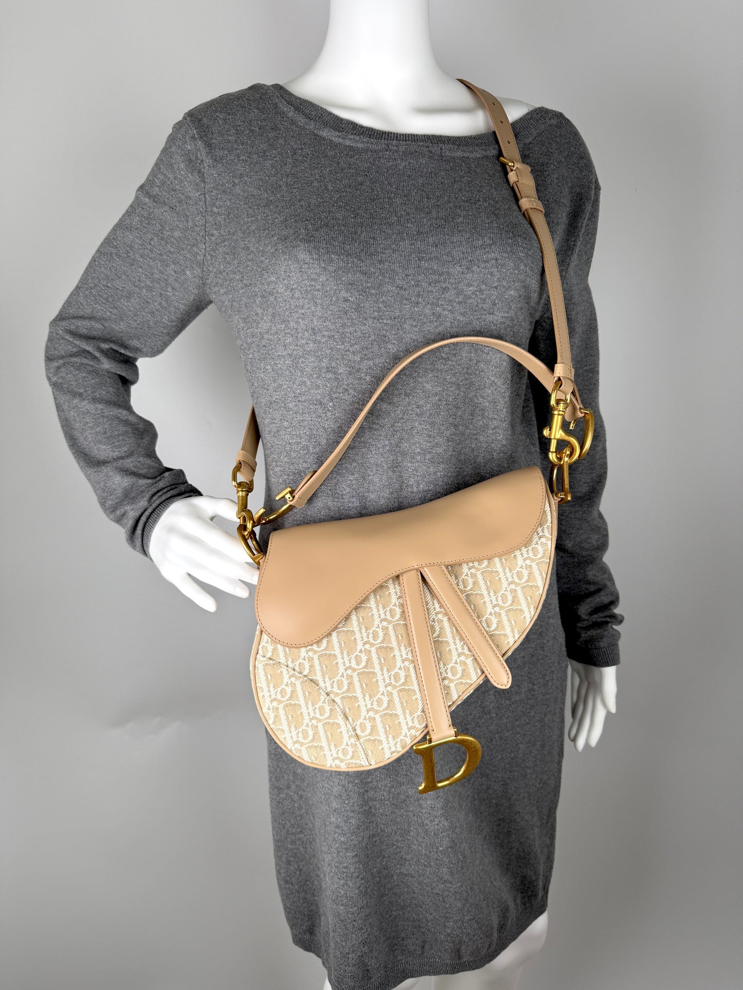 Christian Dior Beige Oblique 2024 Jacquard Monogram Leather Saddle Shoulder Crossbody Bag