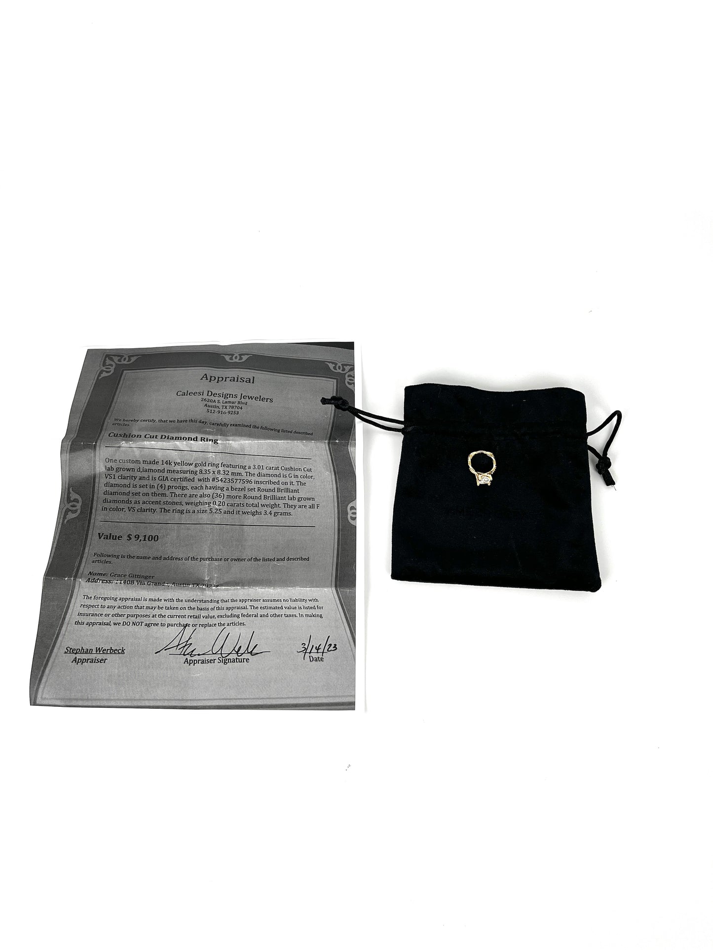 14k Yellow Gold 3.01ct Lab Grown Cushion Cut Diamond Engagement Ring with Appraisal