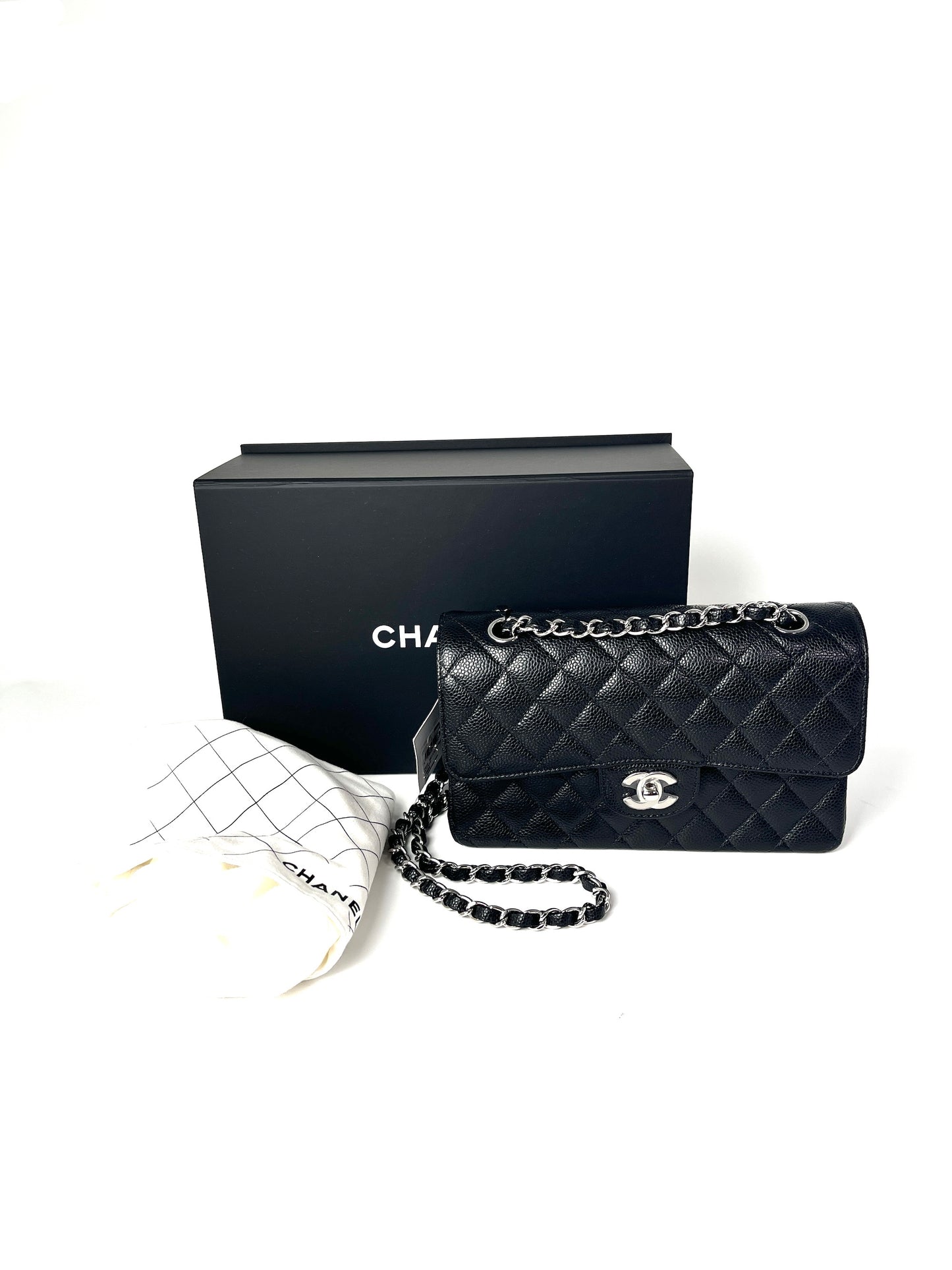 New CHANEL Black Small Quilted Caviar Leather Double Flap Shoulder Bag