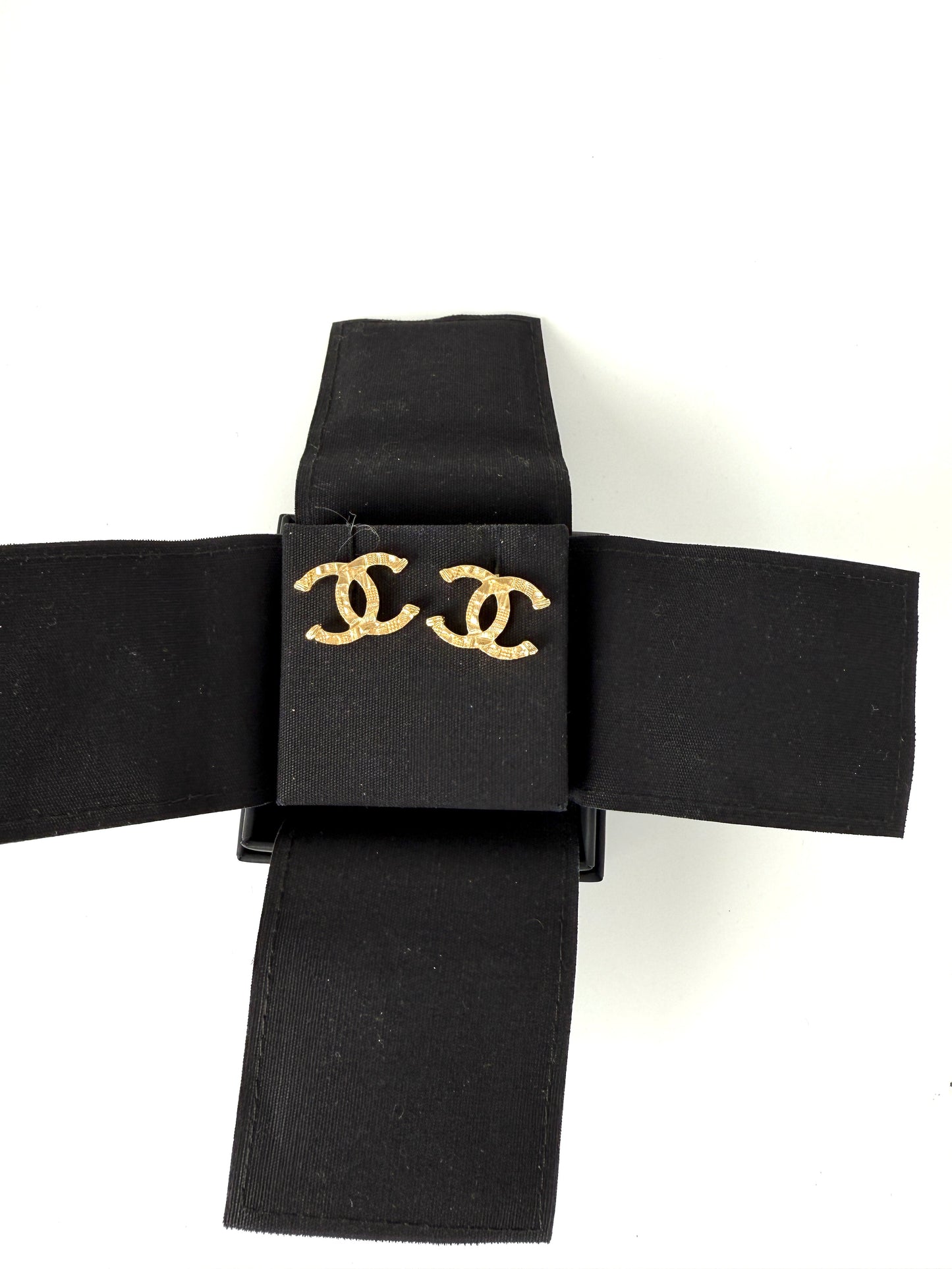 CHANEL 2024 Gold Tone CC Logo Stud Hammered Earrings