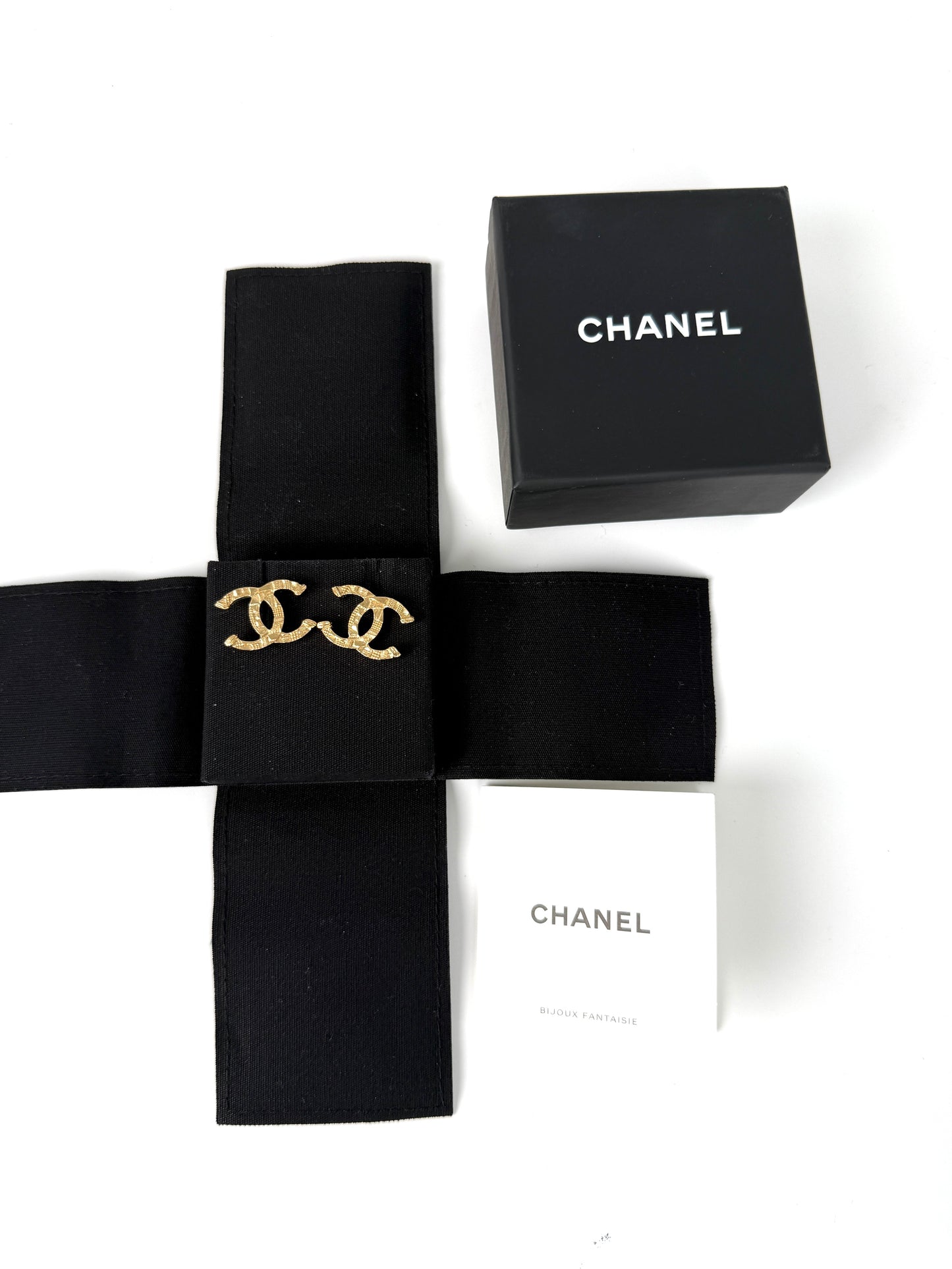 CHANEL 2024 Gold Tone CC Logo Stud Hammered Earrings