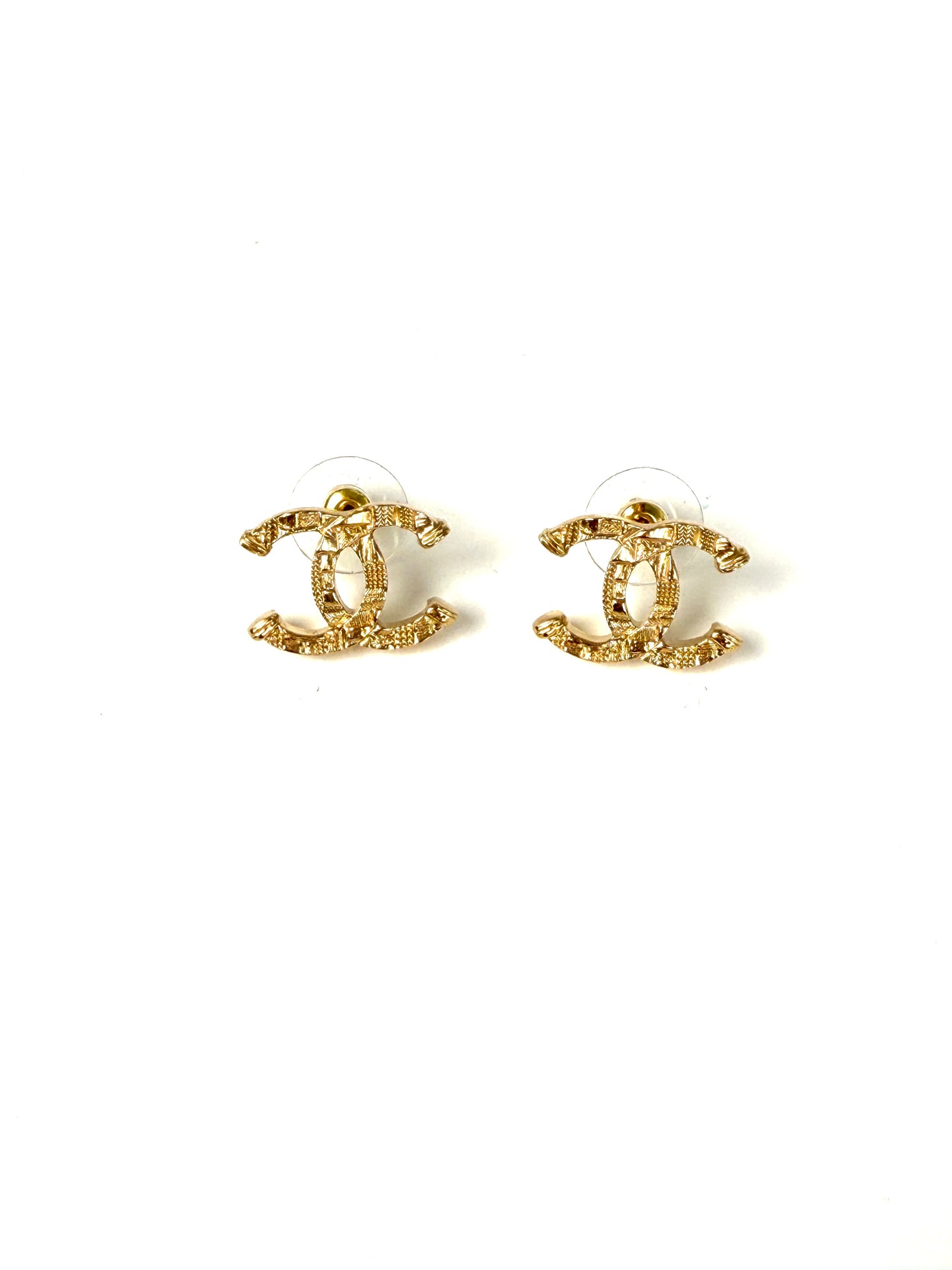 CHANEL 2024 Gold Tone CC Logo Stud Hammered Earrings