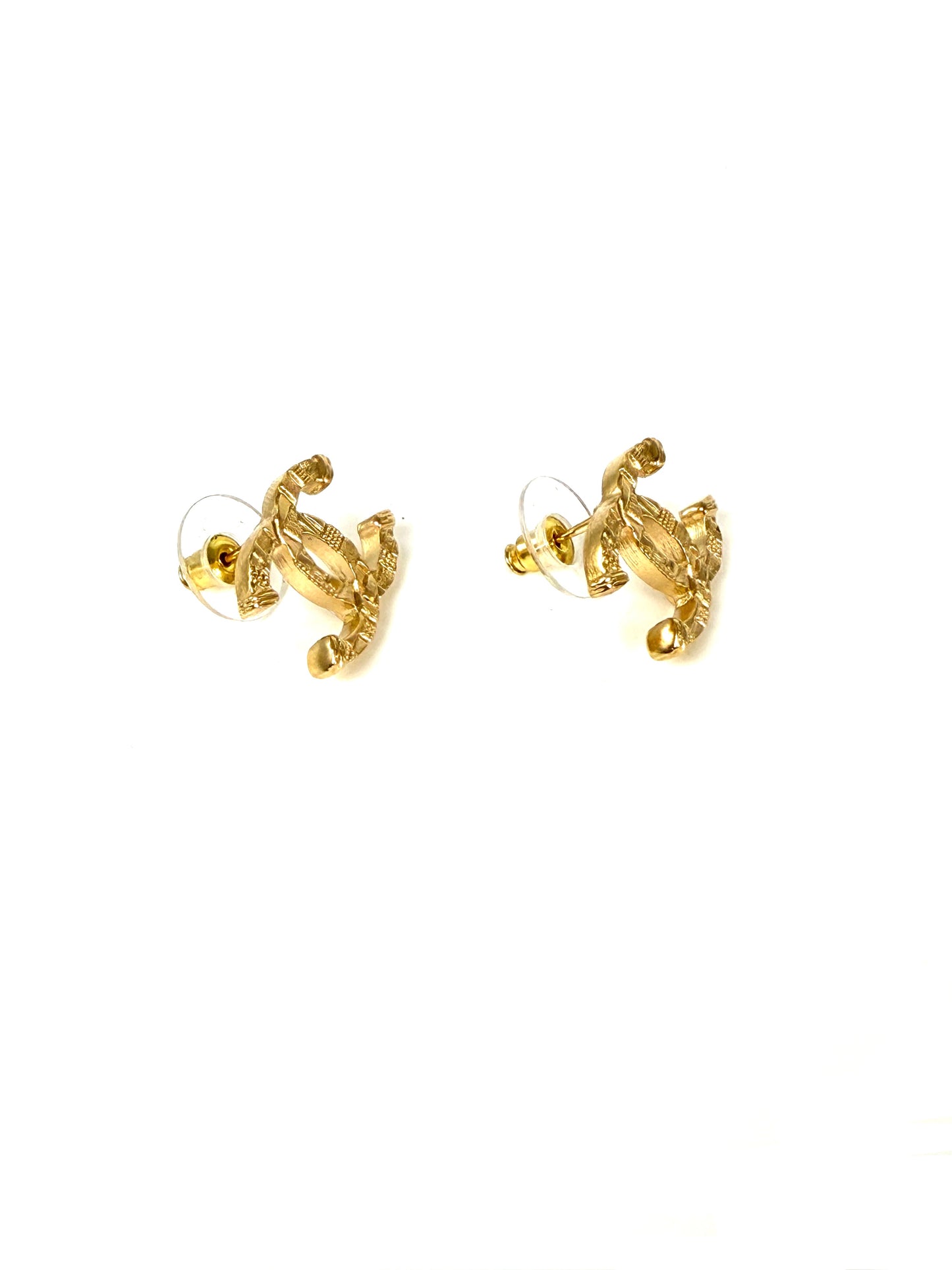 CHANEL 2024 Gold Tone CC Logo Stud Hammered Earrings
