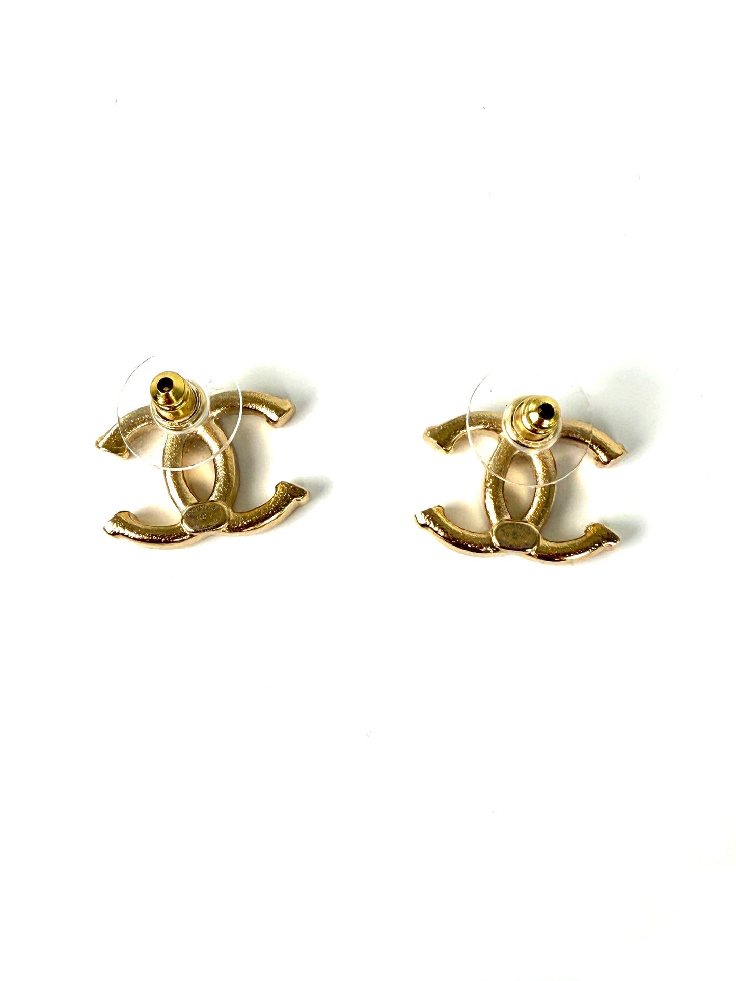 CHANEL 2024 Gold Tone CC Logo Stud Hammered Earrings