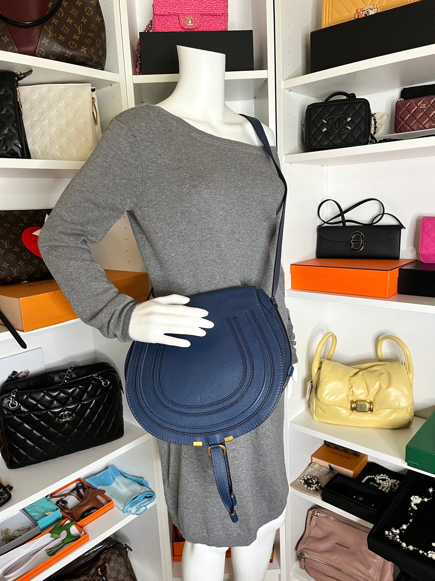 CHLOE Marcie Medium Navy Blue Saddle Crossbody Bag