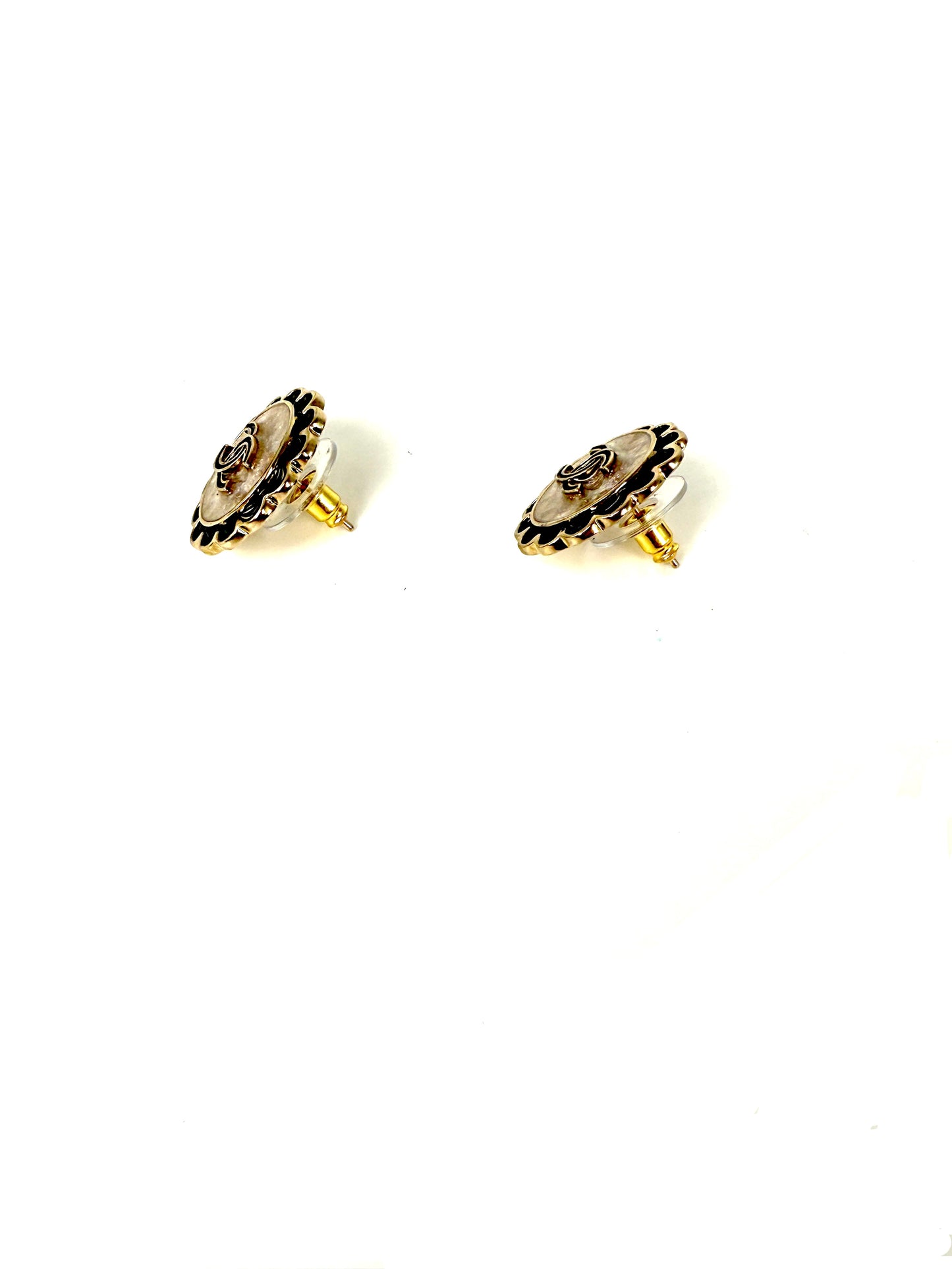CHANEL 2024 Gold Tone CC Logo Stud Flower Button Earrings