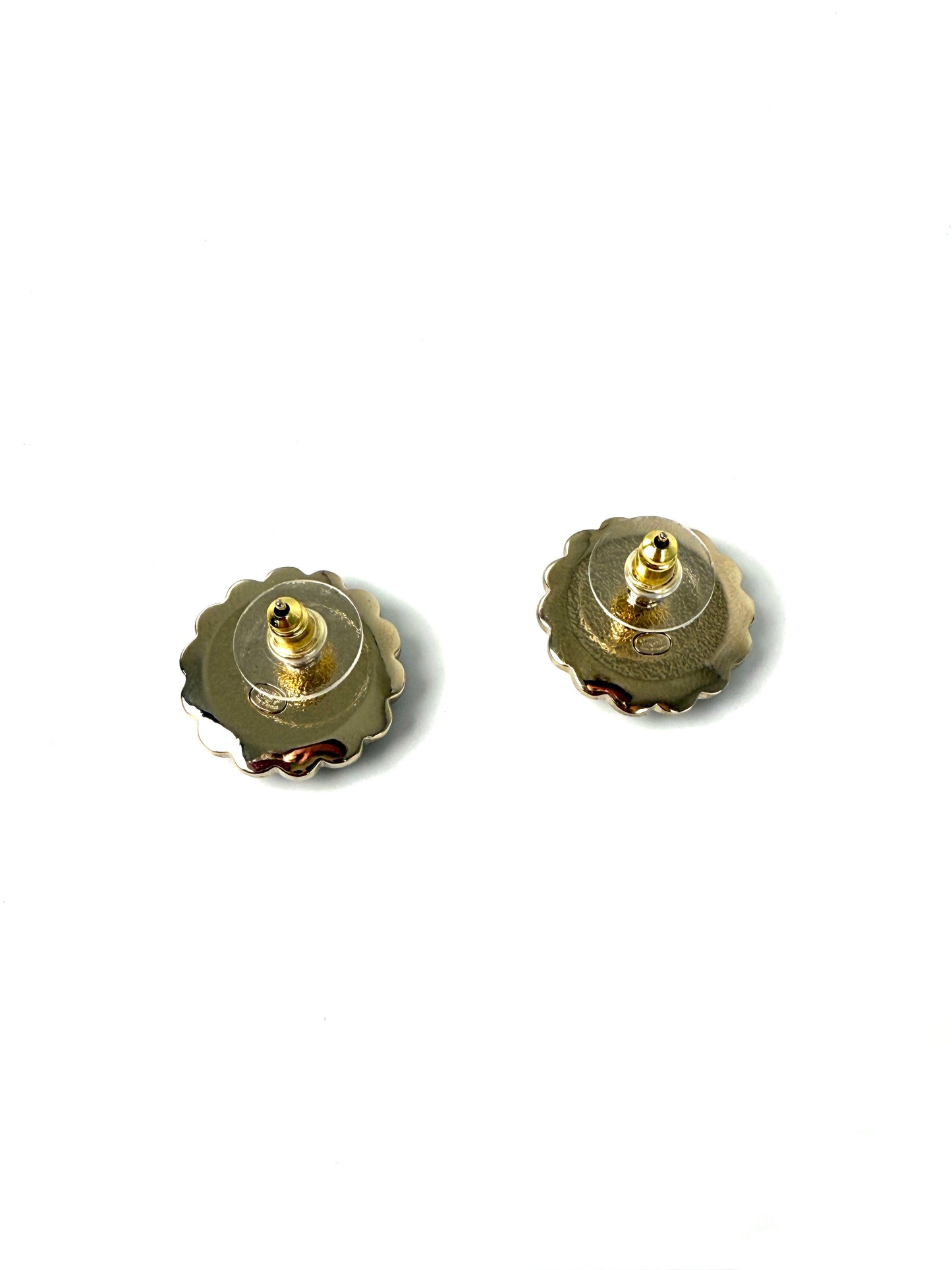 CHANEL 2024 Gold Tone CC Logo Stud Flower Button Earrings