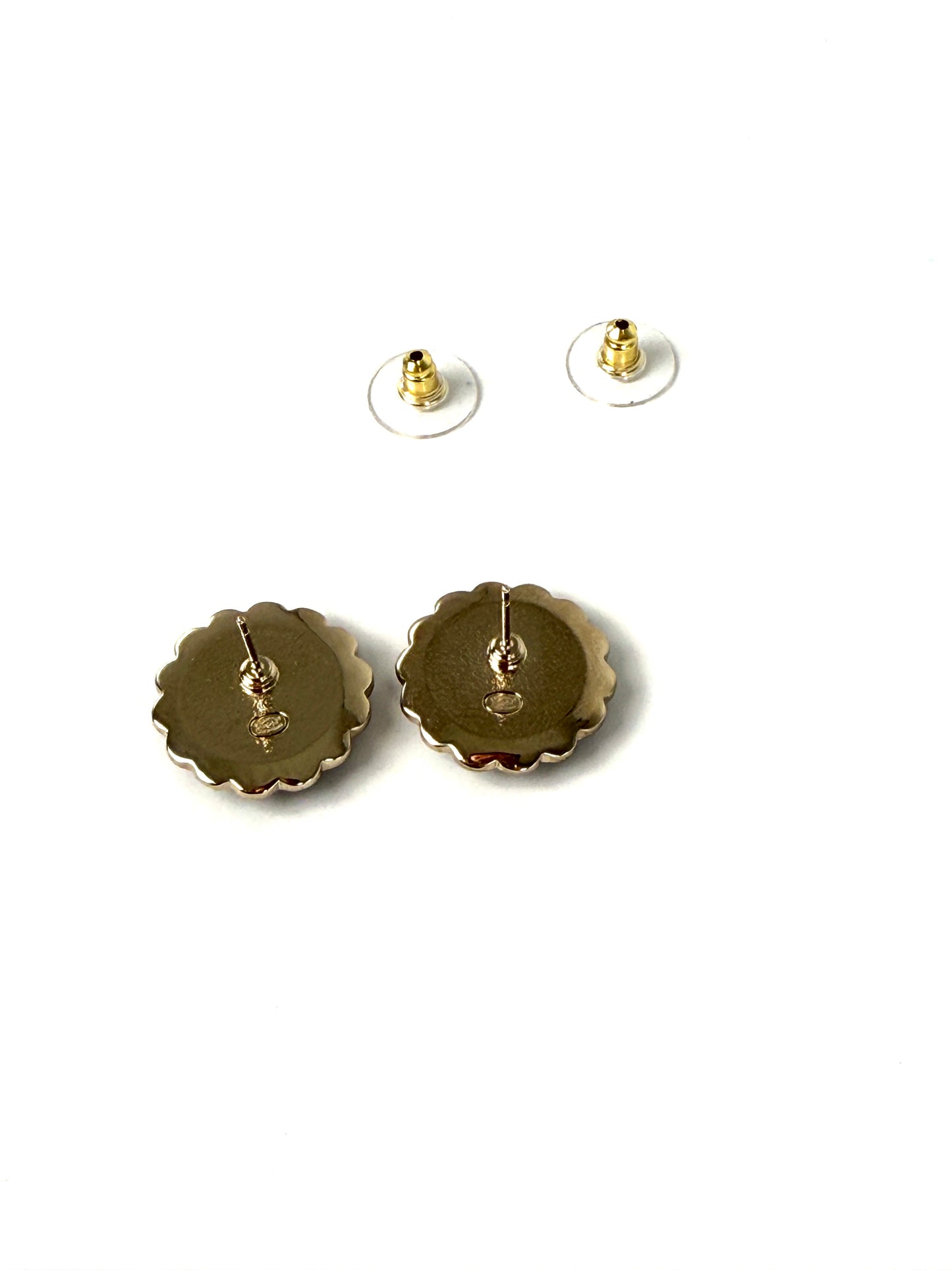 CHANEL 2024 Gold Tone CC Logo Stud Flower Button Earrings