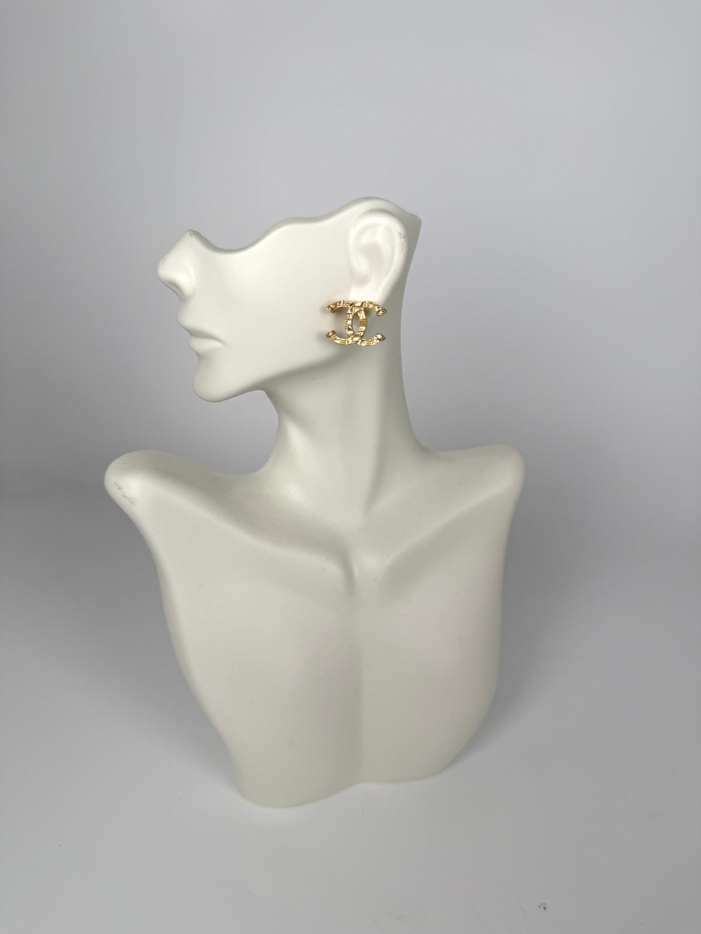 CHANEL 2024 Gold Tone CC Logo Stud Hammered Earrings