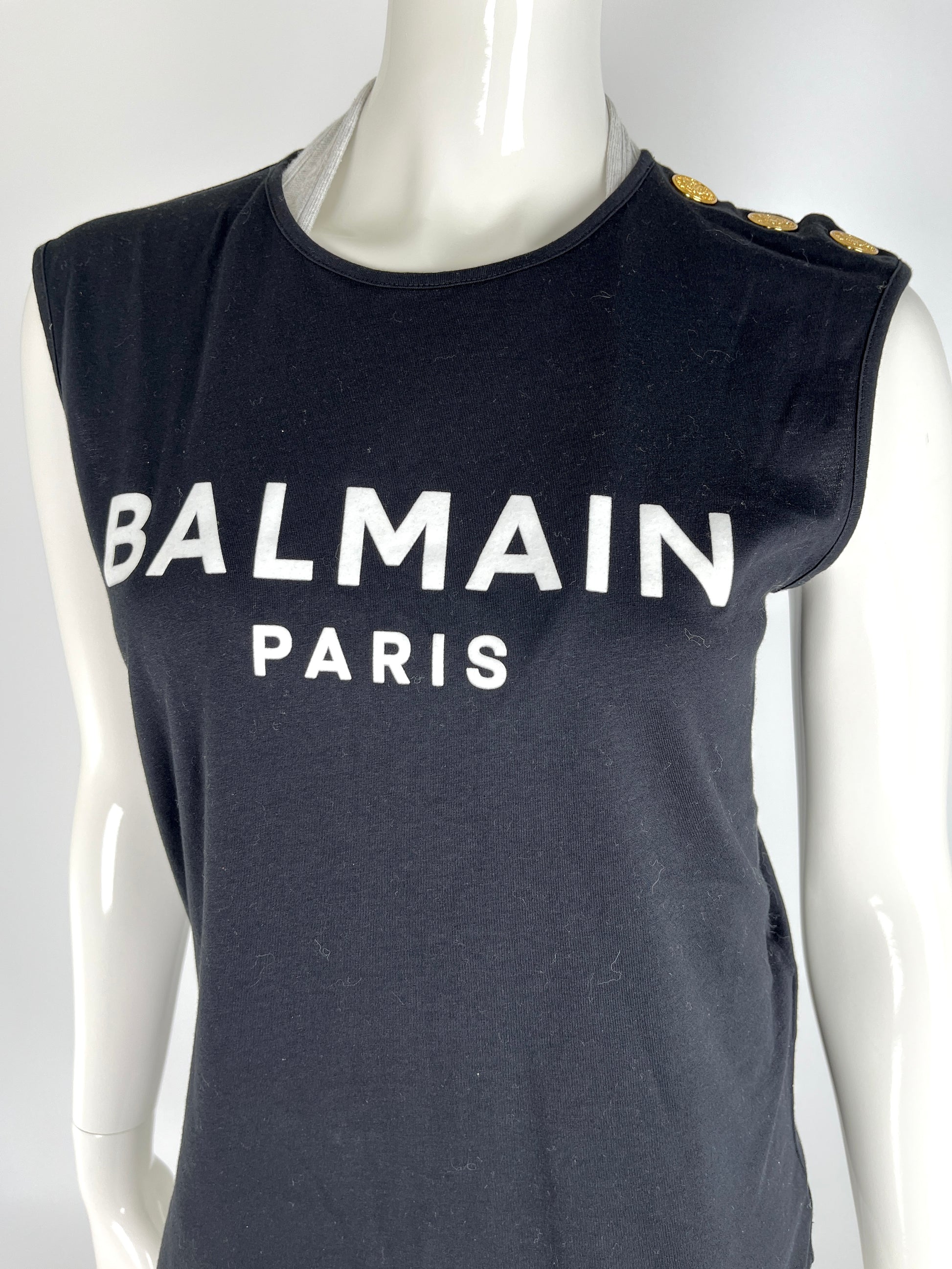 BALMAIN Paris Black Logo Print Gold Button Tank Top S