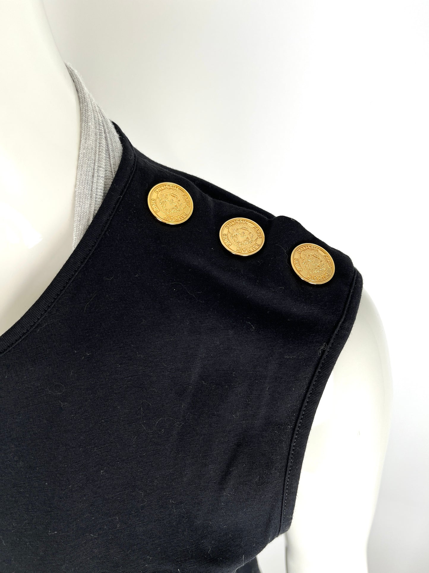 BALMAIN Paris Black Logo Print Gold Button Tank Top S