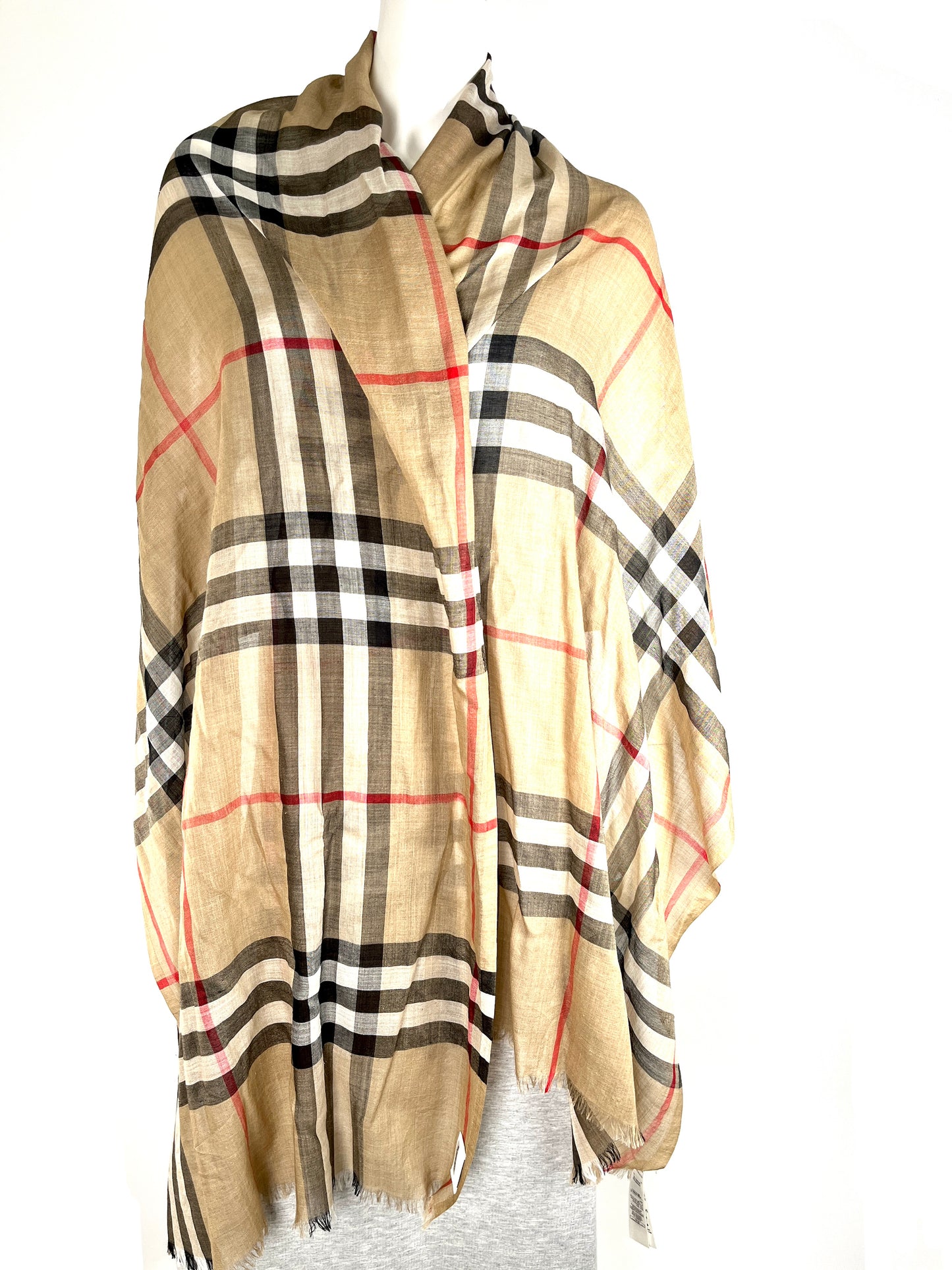 BURBERRY Check Archive Beige Black Wool Silk Rectangular Fringe Long Scarf