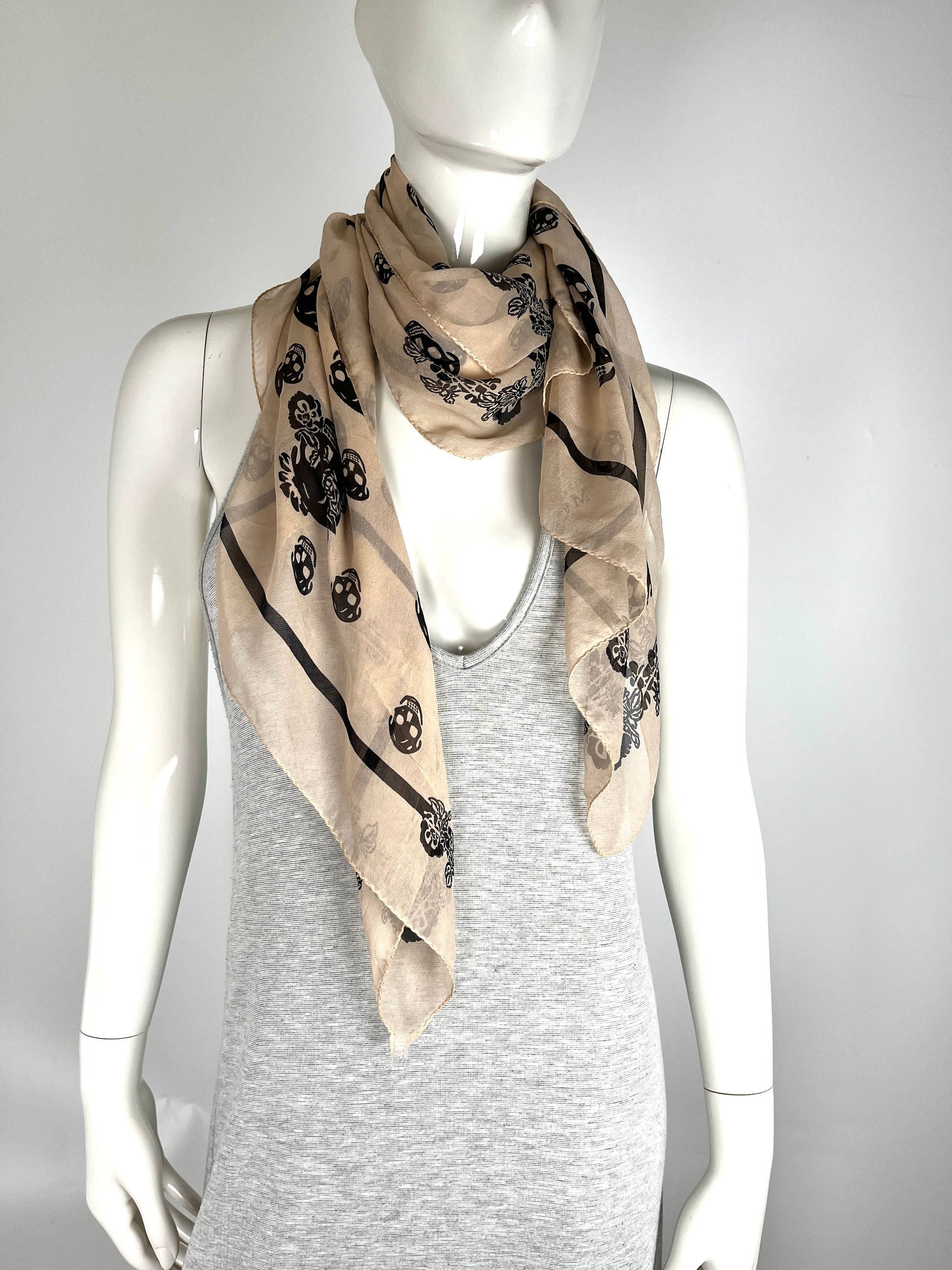 Alexander McQueen Skull Print Beige Black Silk Scarf