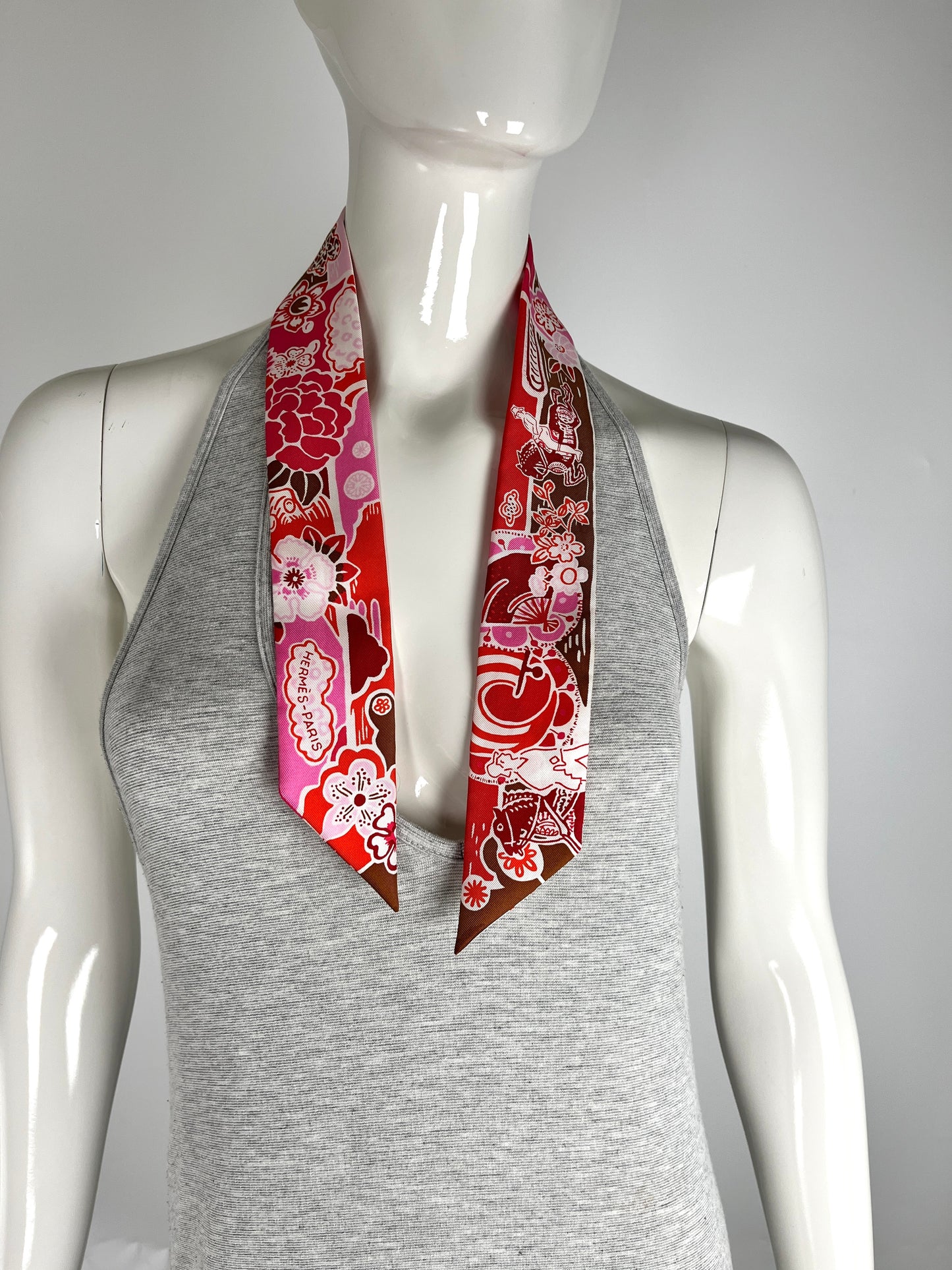 HERMES Horse Carriage Floral Pink Red Silk Twilly Scarf
