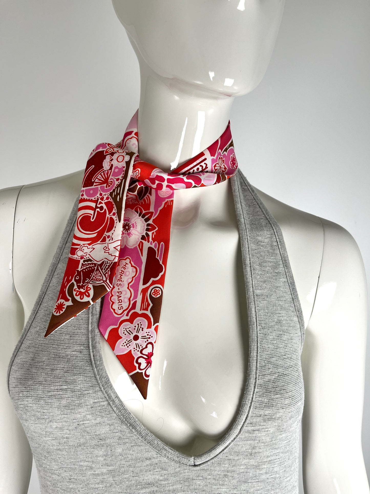 HERMES Horse Carriage Floral Pink Red Silk Twilly Scarf