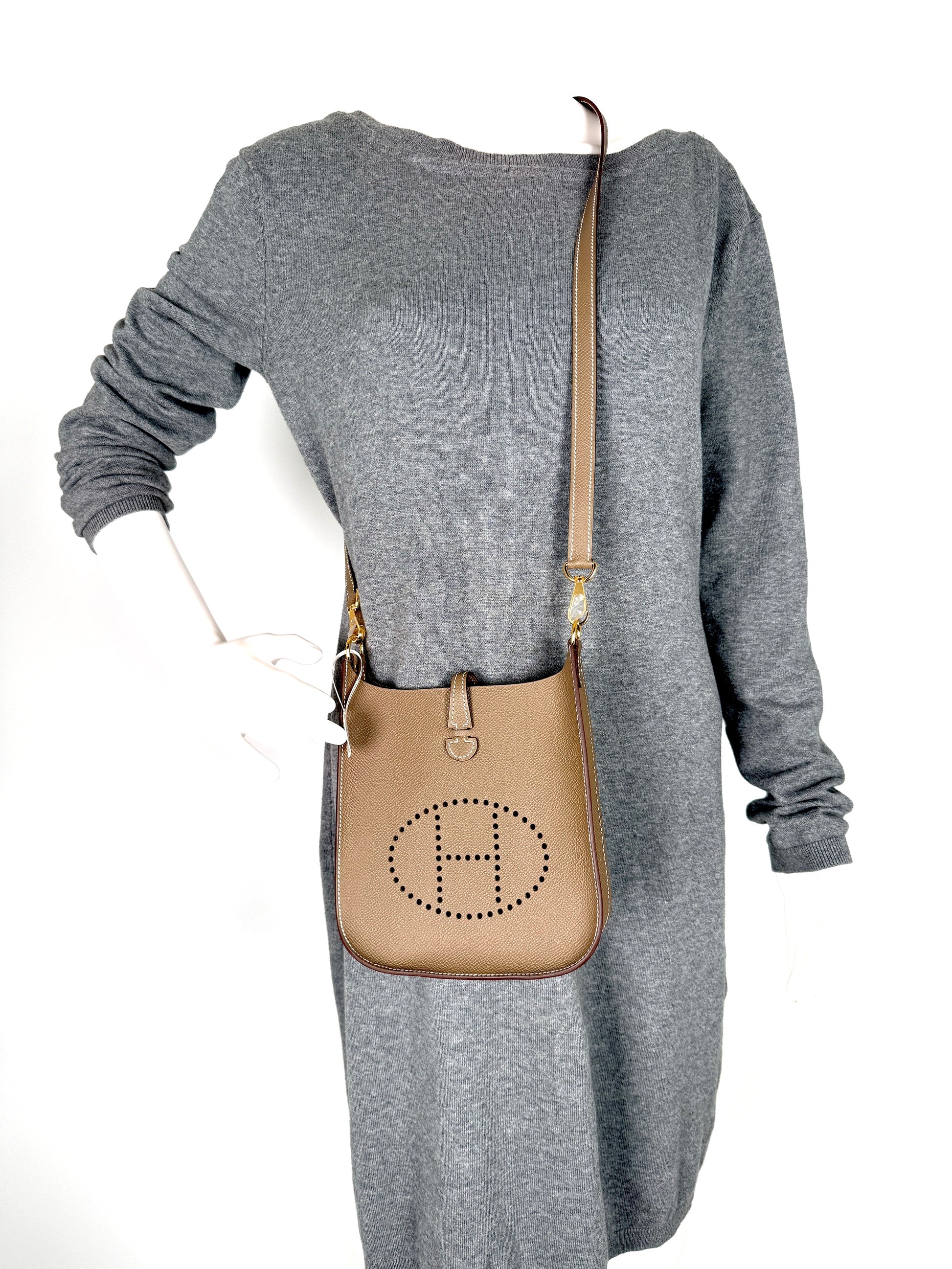 New HERMES Mini Evelyne Sellier TPM 16 Etoupe Leather Crossbody Bag