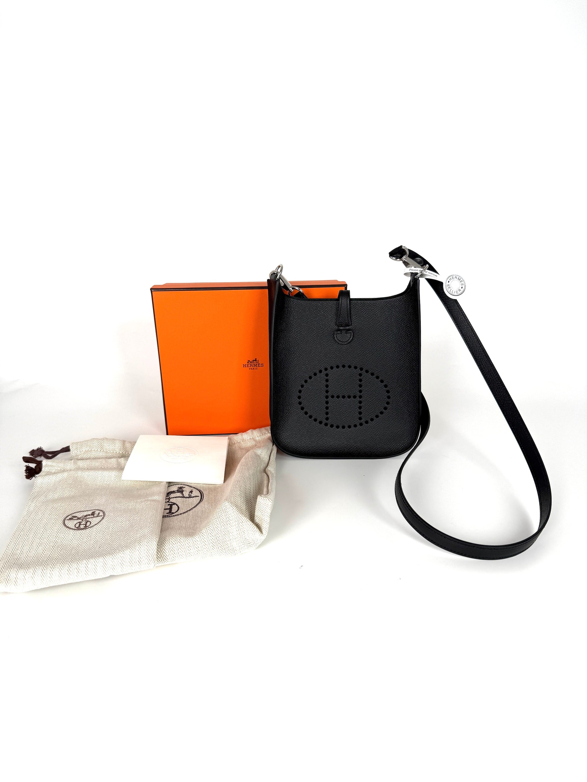 New HERMES Mini Evelyne Sellier TPM 16 Black Leather Crossbody Bag