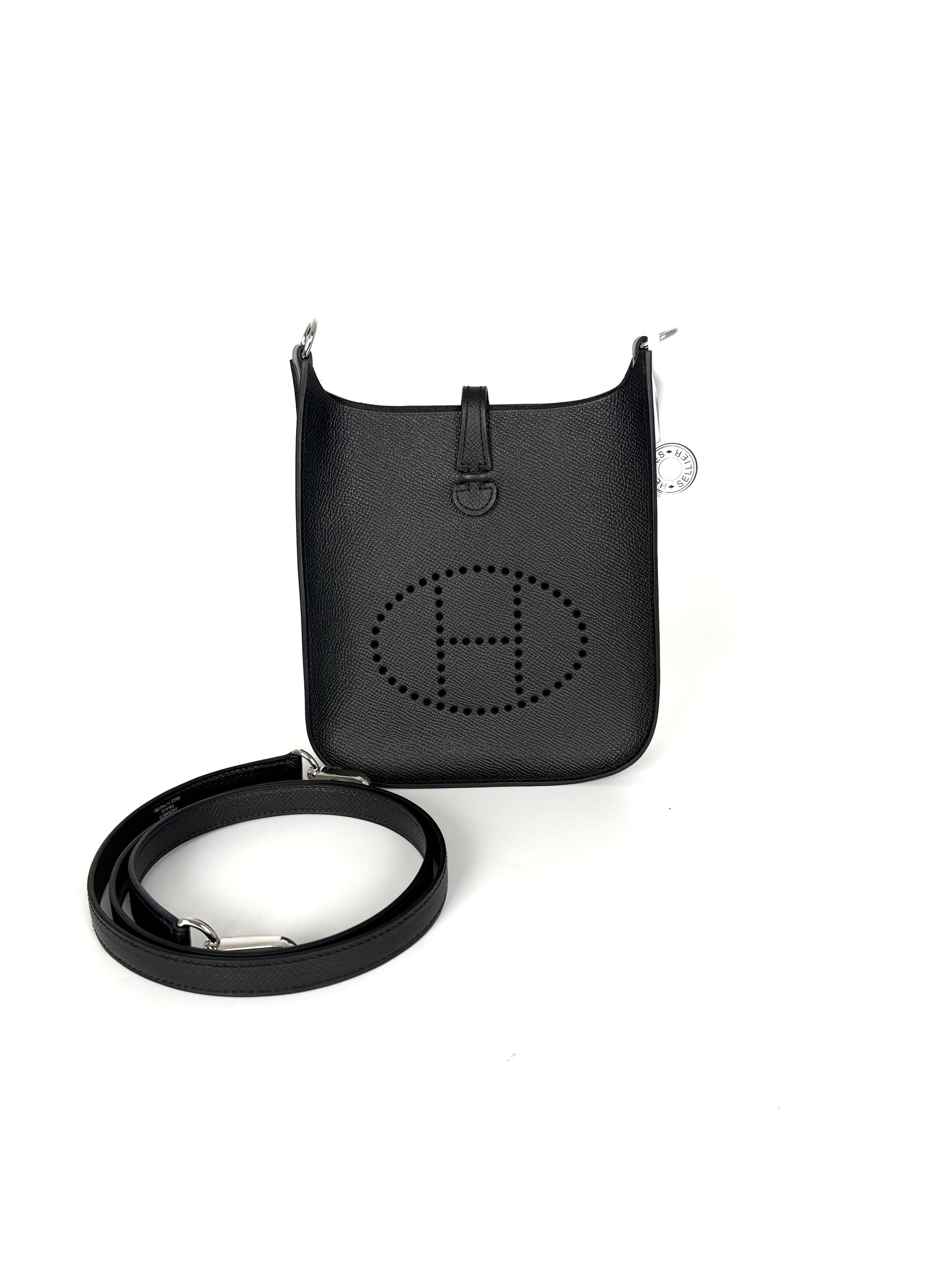 New HERMES Mini Evelyne Sellier TPM 16 Black Leather Crossbody Bag
