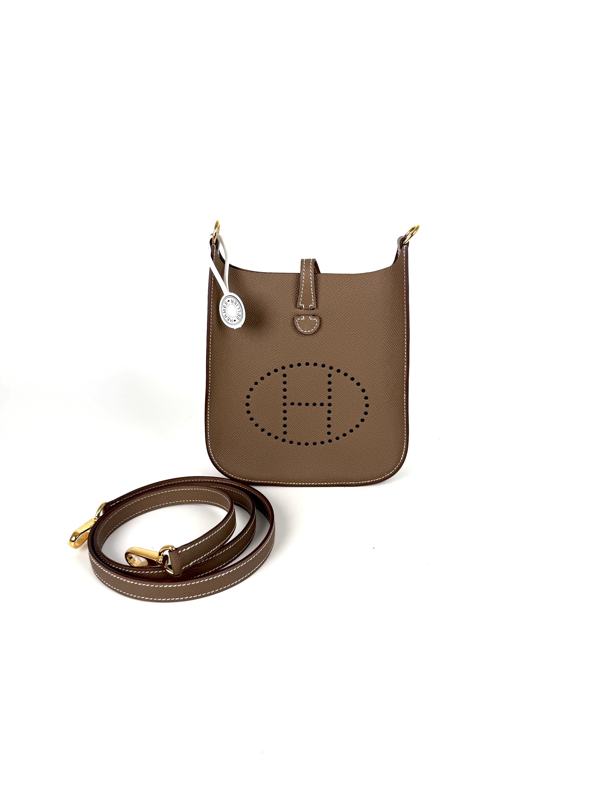 New HERMES Mini Evelyne Sellier TPM 16 Etoupe Leather Crossbody Bag