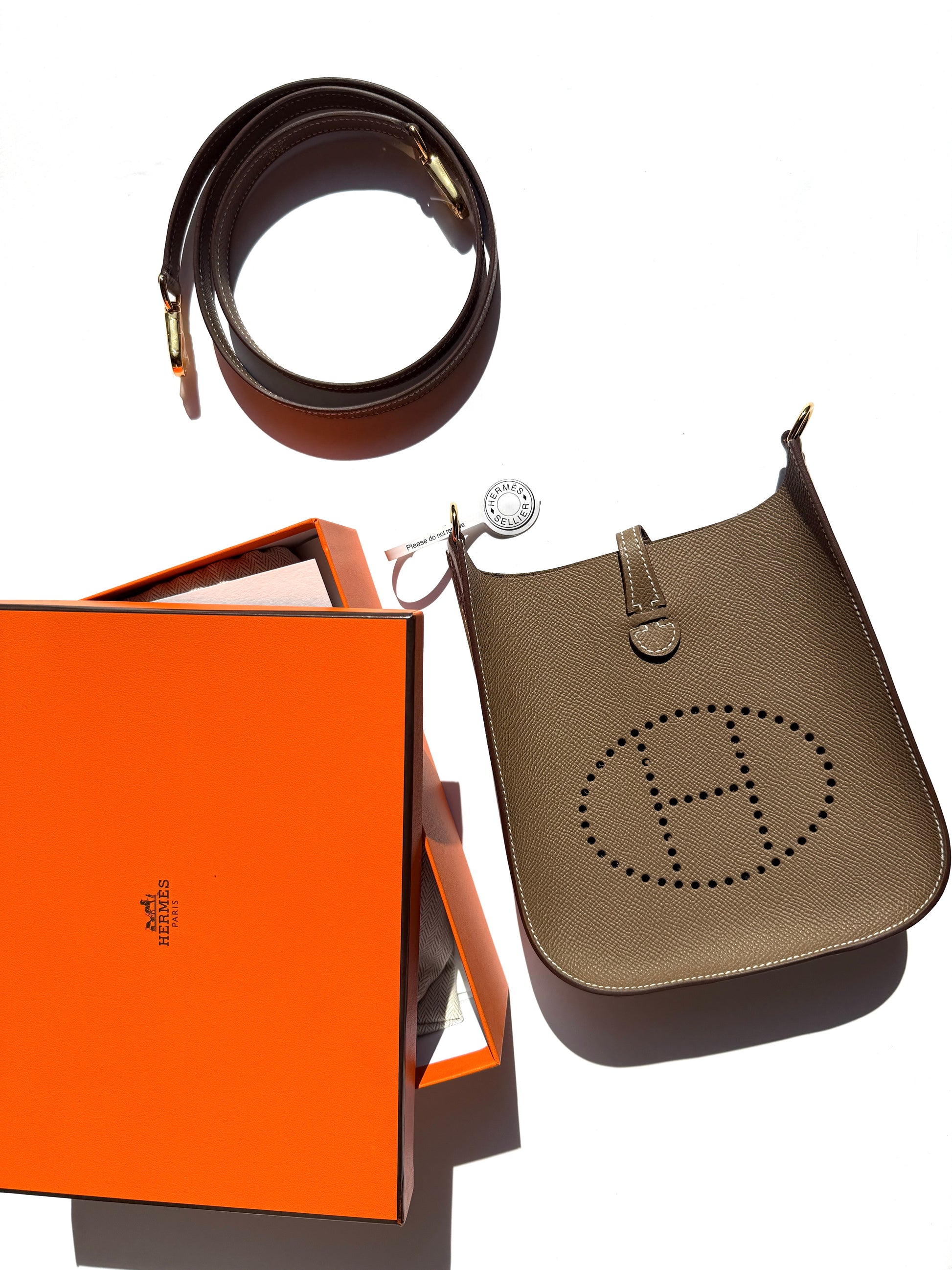 New HERMES Mini Evelyne Sellier TPM 16 Etoupe Leather Crossbody Bag