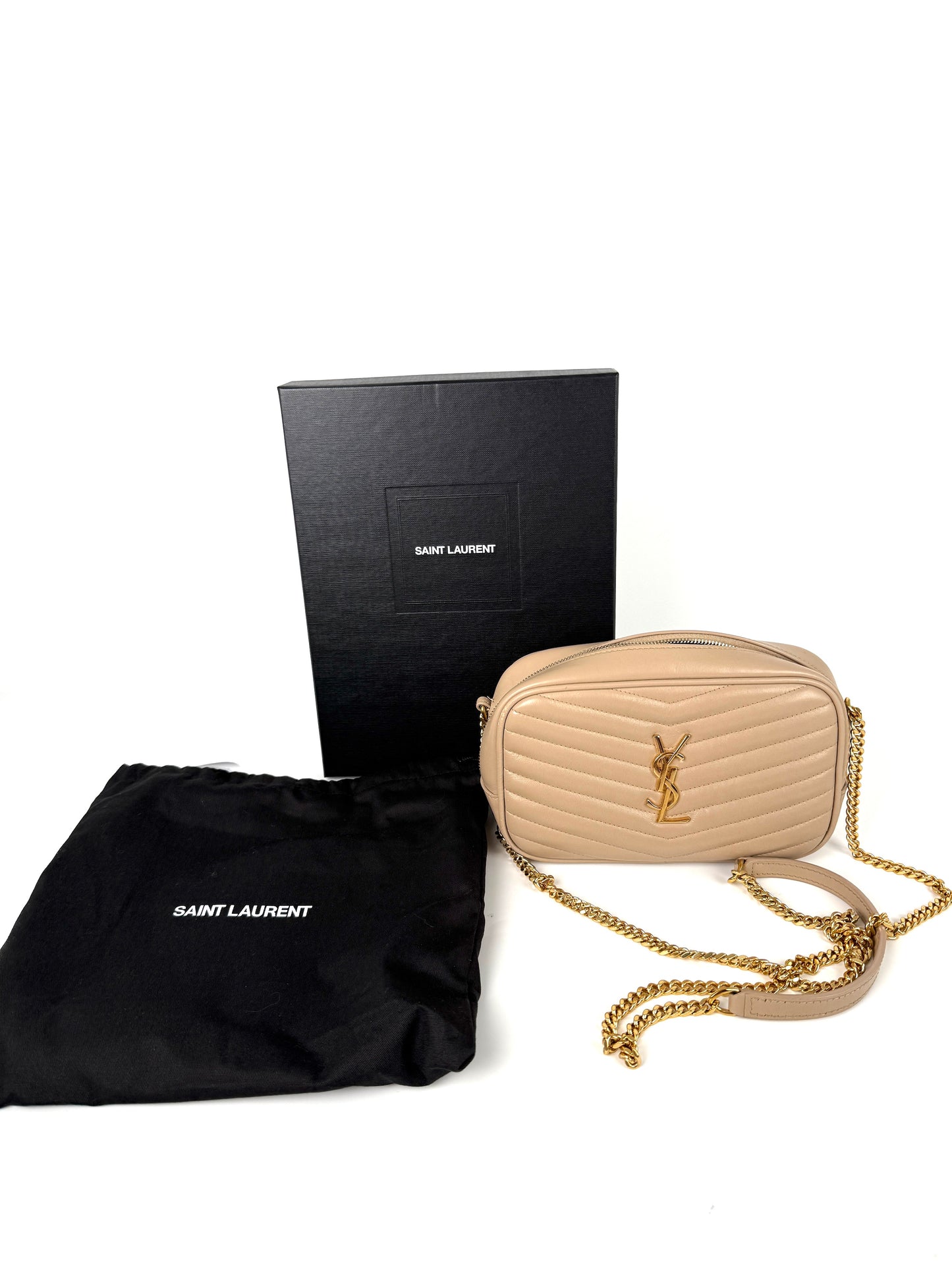 Saint Laurent Mini Lou Quilted Beige Leather Camera Chain Crossbody Bag