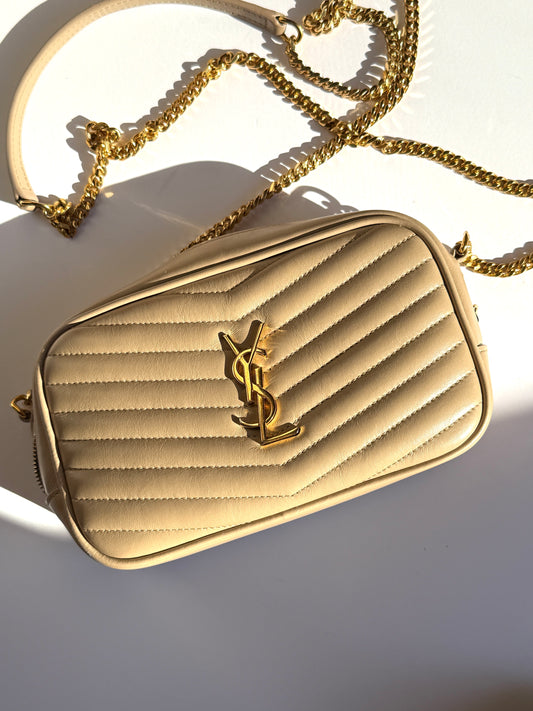 Saint Laurent Mini Lou Quilted Beige Leather Camera Chain Crossbody Bag