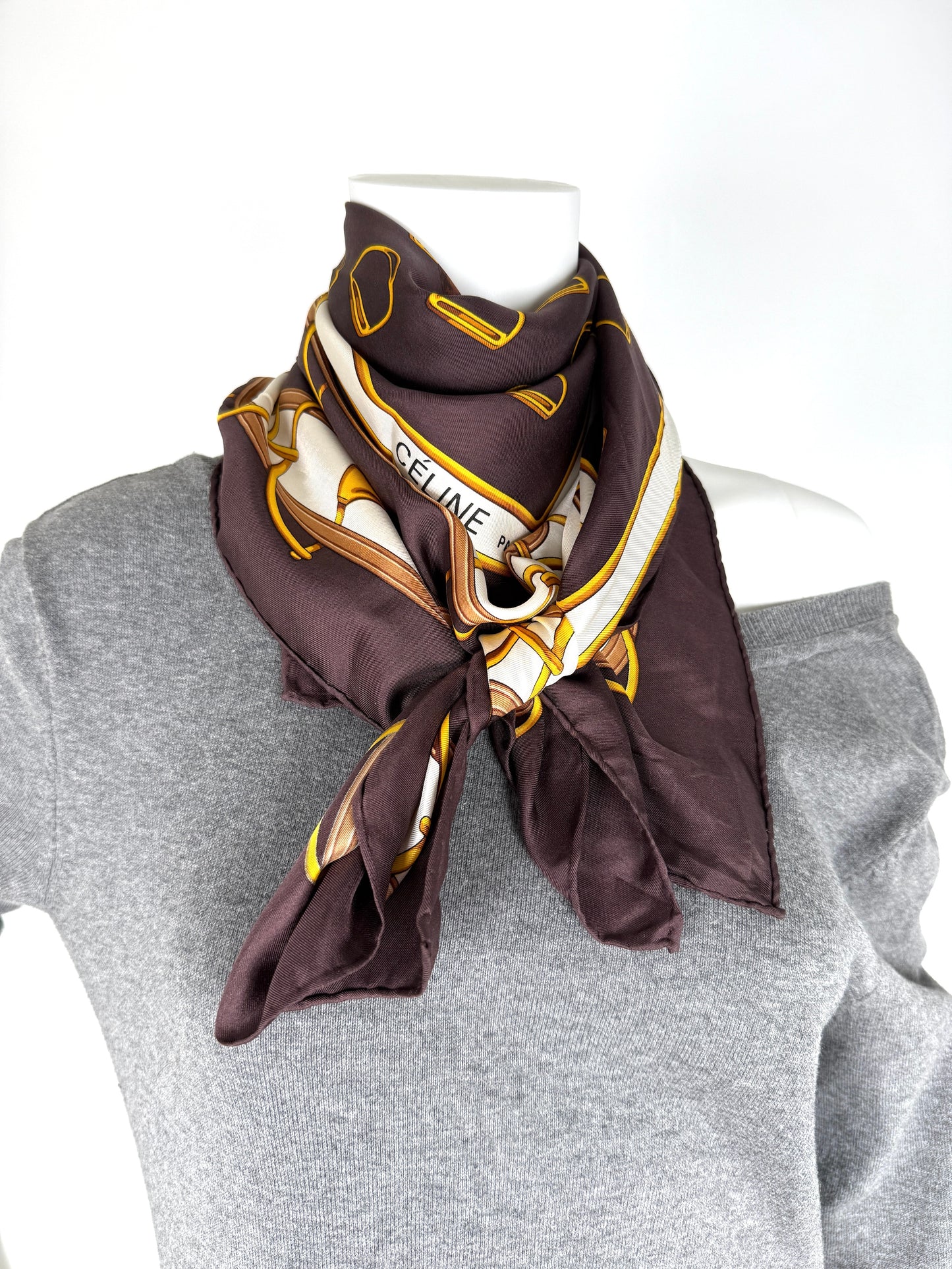 CELINE Horse Motif Printed Brown Yellow Square Silk Scarf