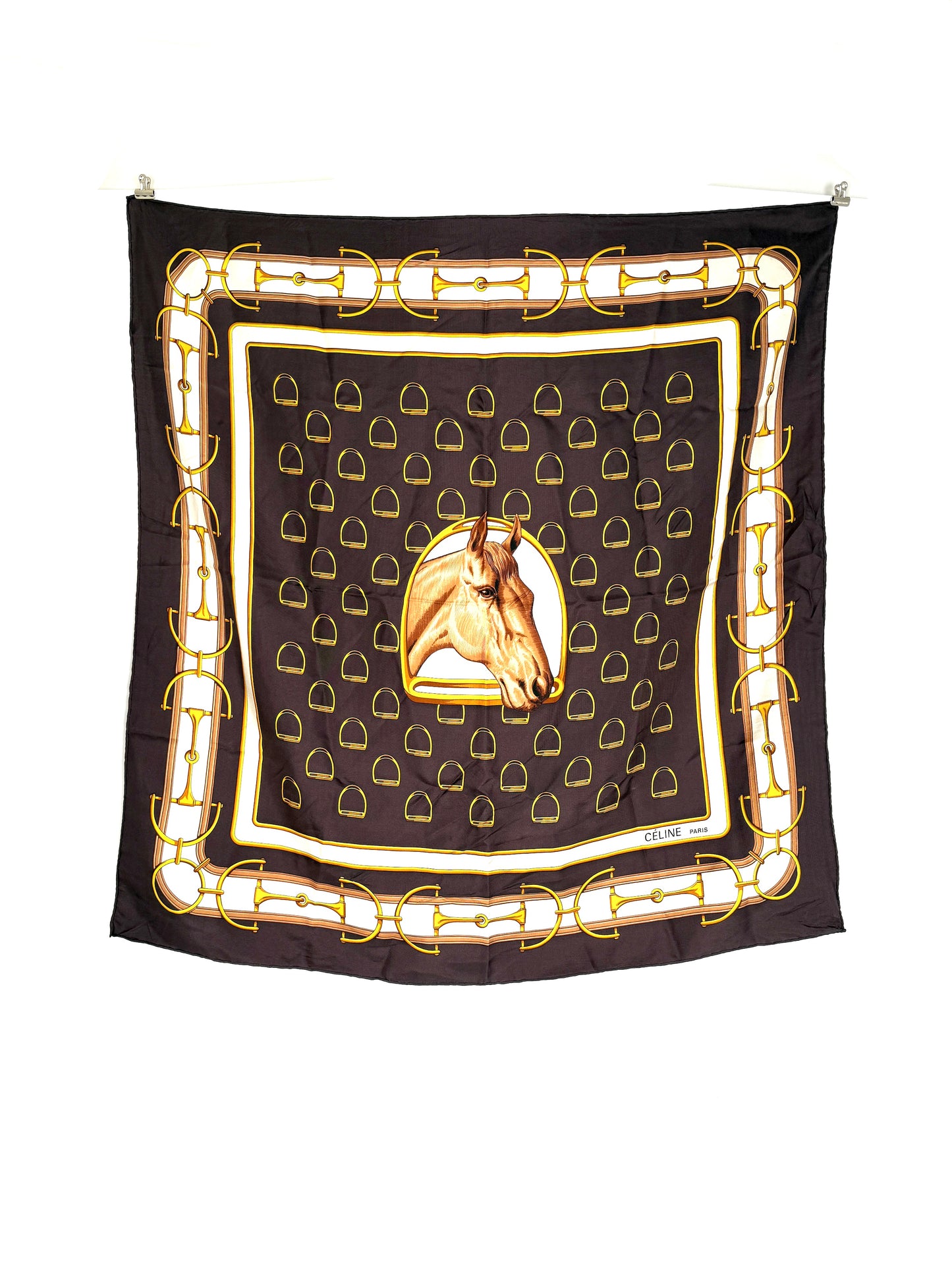 CELINE Horse Motif Printed Brown Yellow Square Silk Scarf
