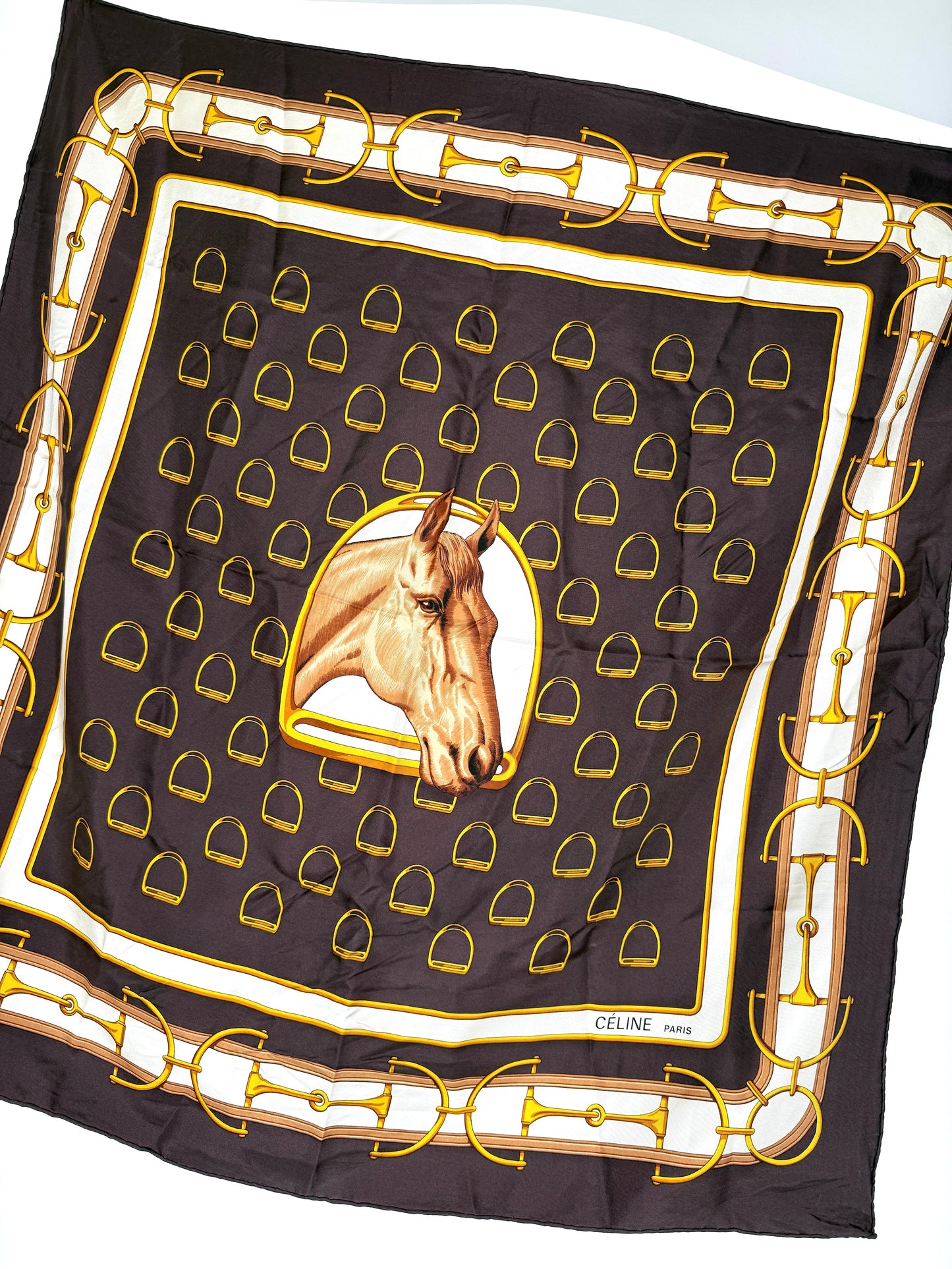 CELINE Horse Motif Printed Brown Yellow Square Silk Scarf