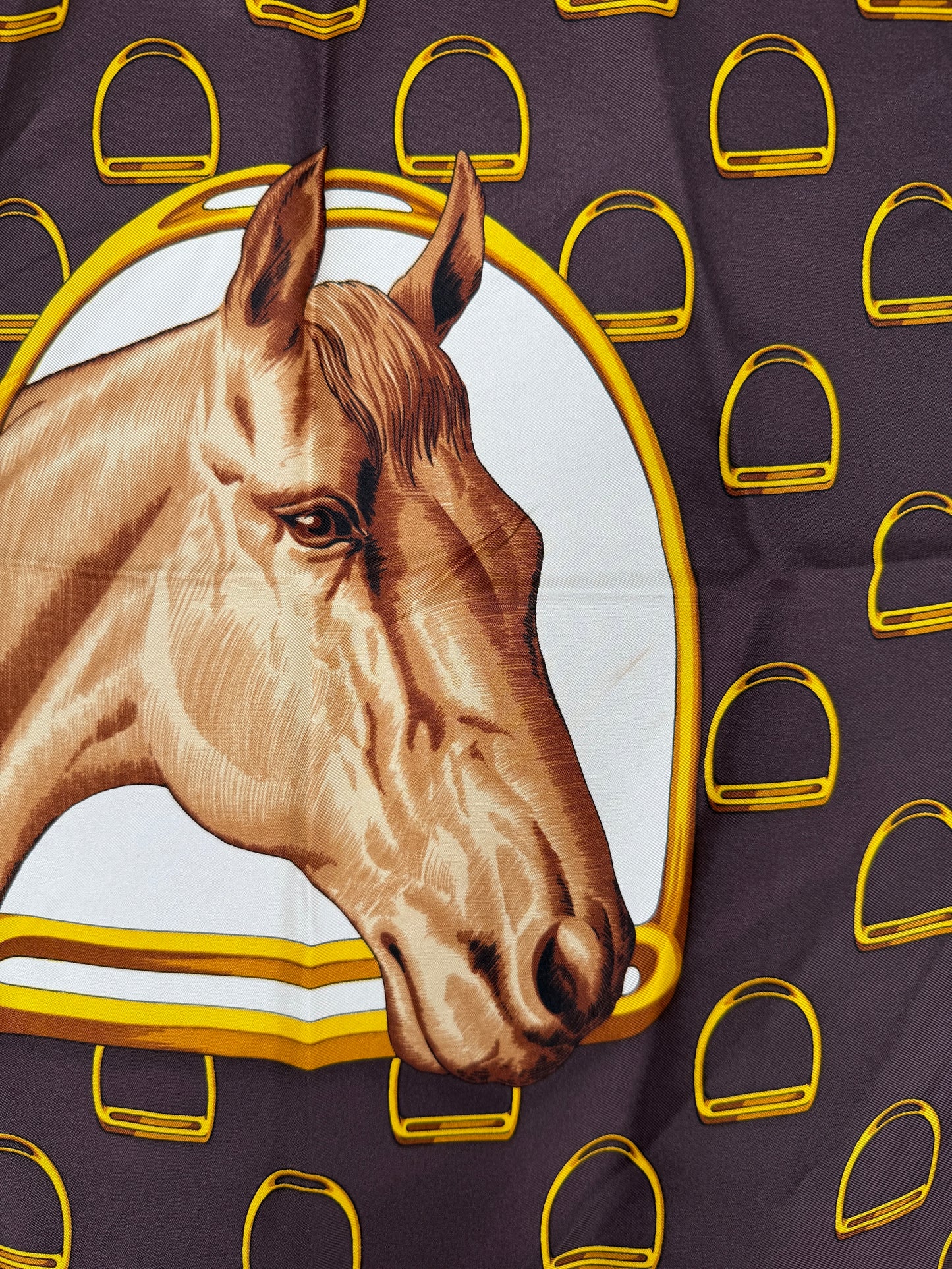 CELINE Horse Motif Printed Brown Yellow Square Silk Scarf