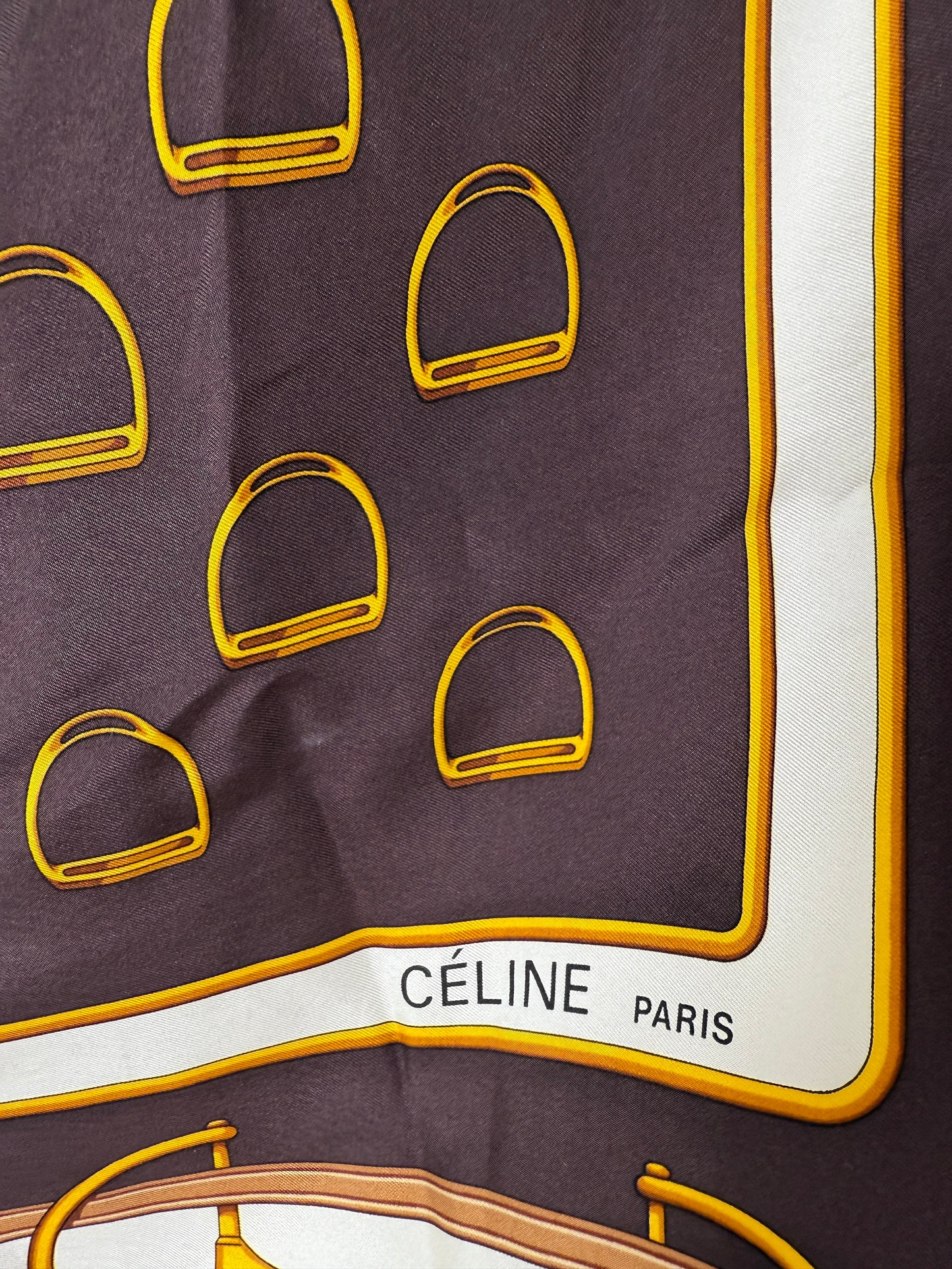 CELINE Horse Motif Printed Brown Yellow Square Silk Scarf