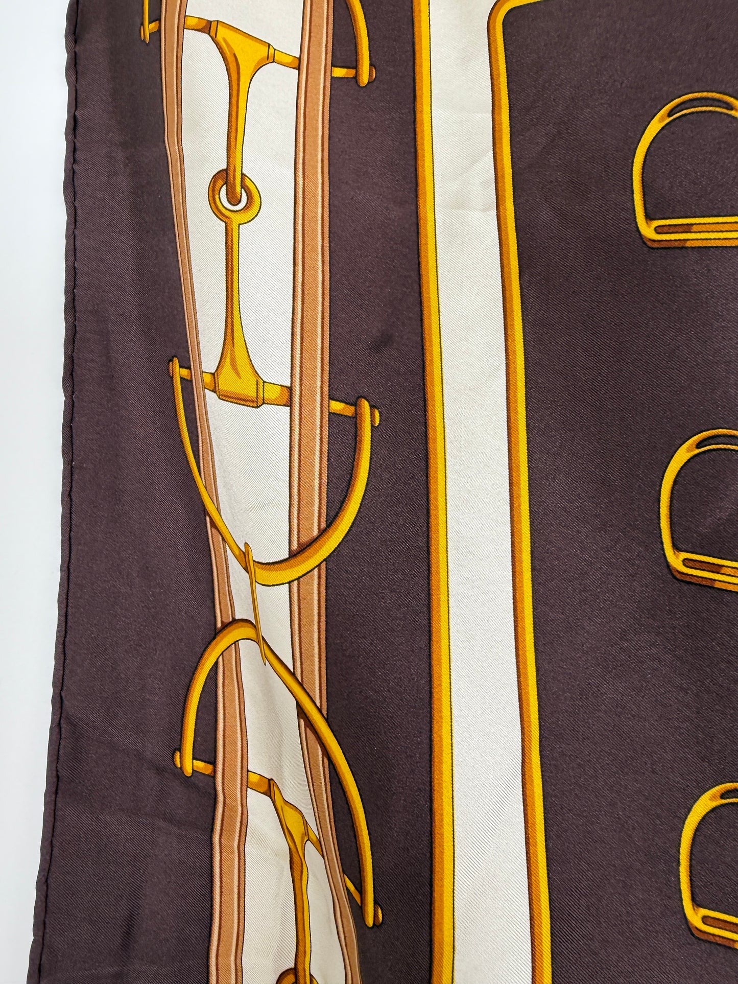 CELINE Horse Motif Printed Brown Yellow Square Silk Scarf