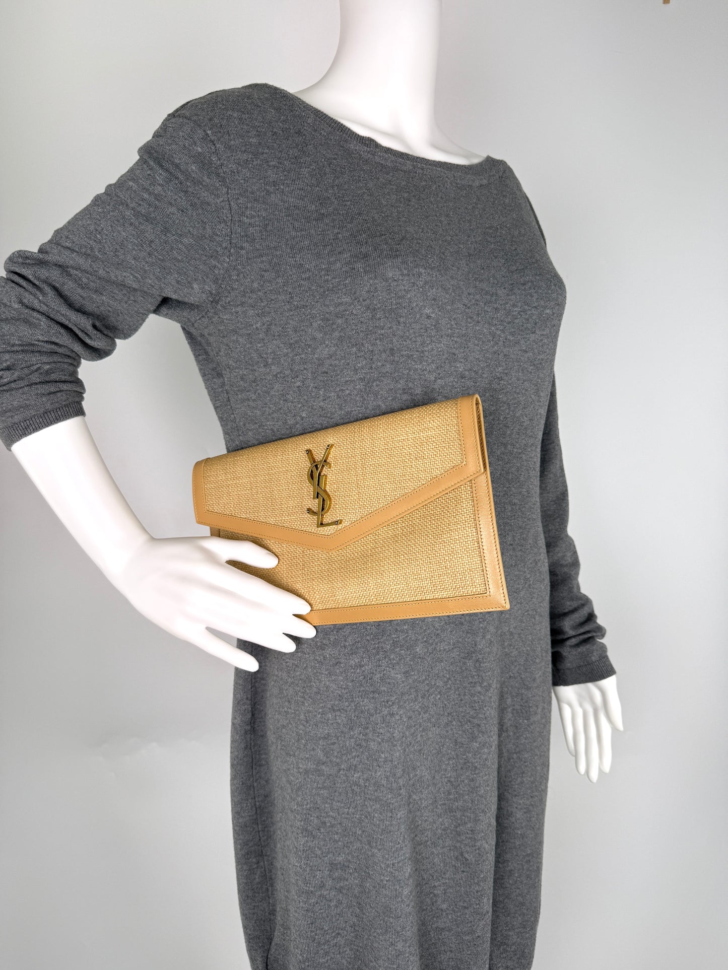 Saint Laurent Uptown Envelope Beige Micro Raffia Leather Pouch Clutch Bag