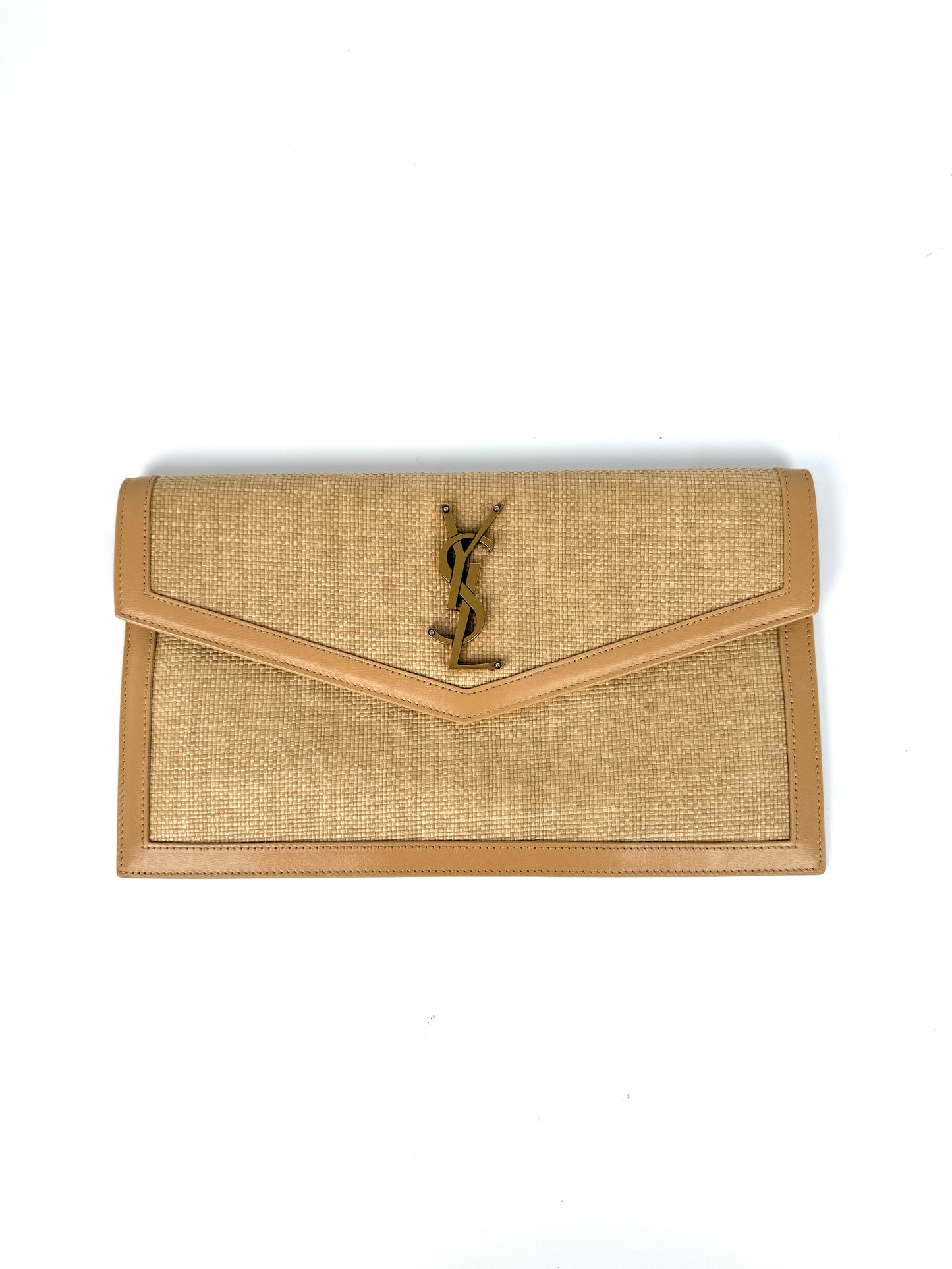 Saint Laurent Uptown Envelope Beige Micro Raffia Leather Pouch Clutch Bag