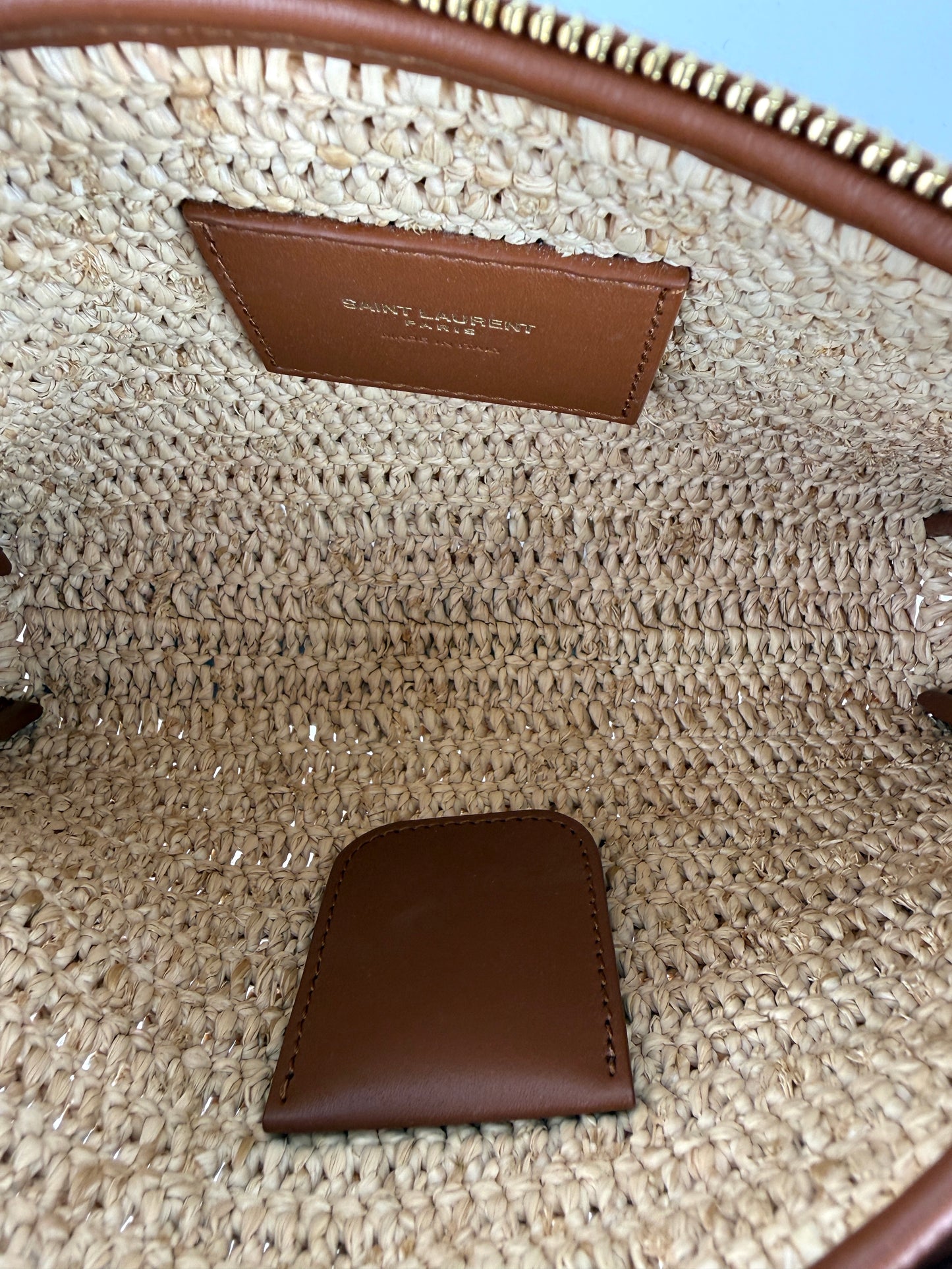 Saint Laurent Gaby Raffia Leather Trimmed Crossbody Bag
