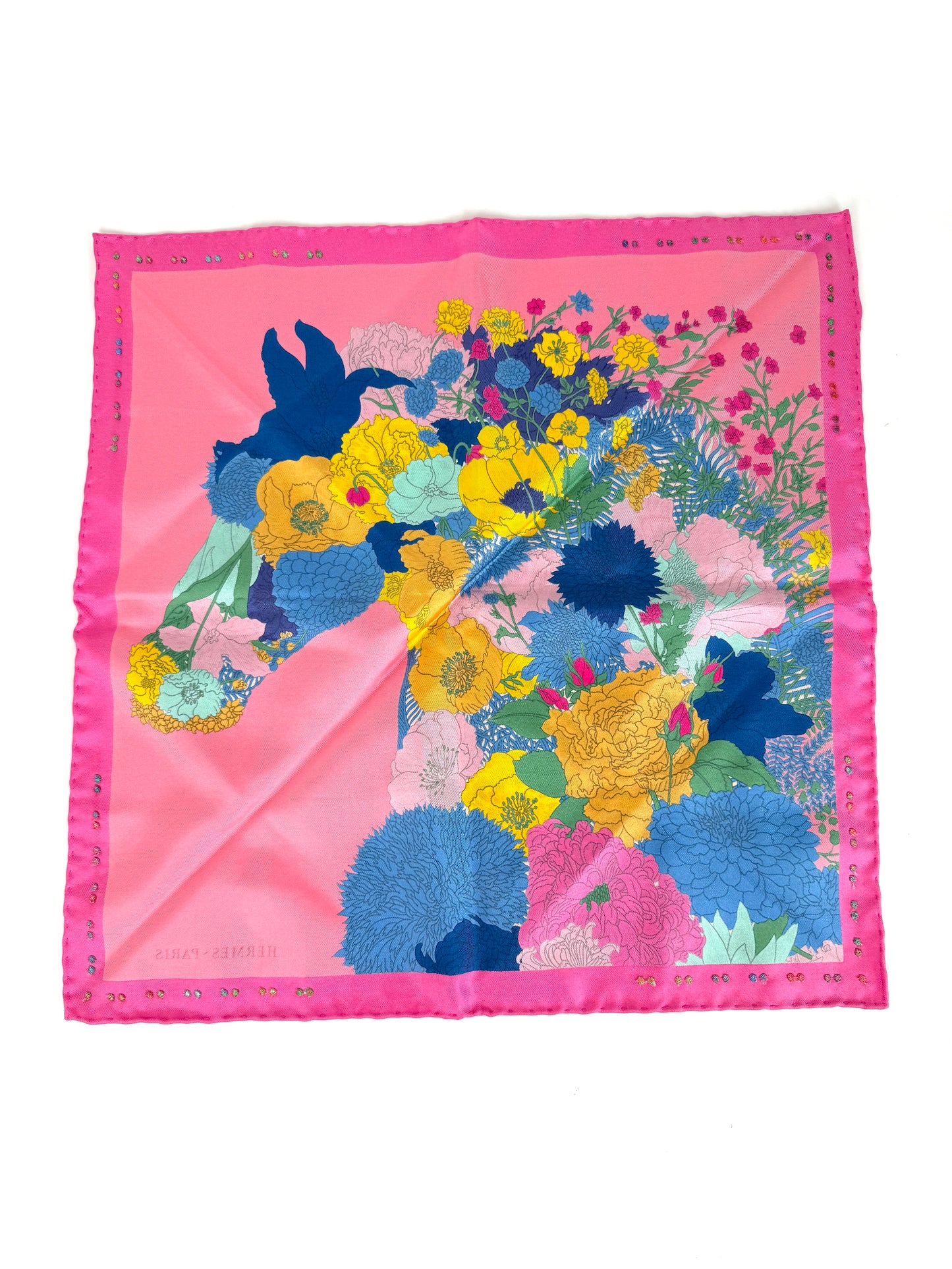 HERMES Robe Legere Embroidered Pink Blue Yellow Silk Square Scarf 45