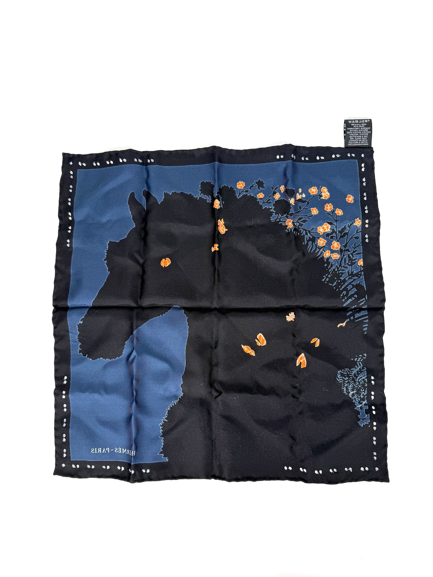HERMES Robe Legere Embroidered Black Creme Silk Square Scarf 45