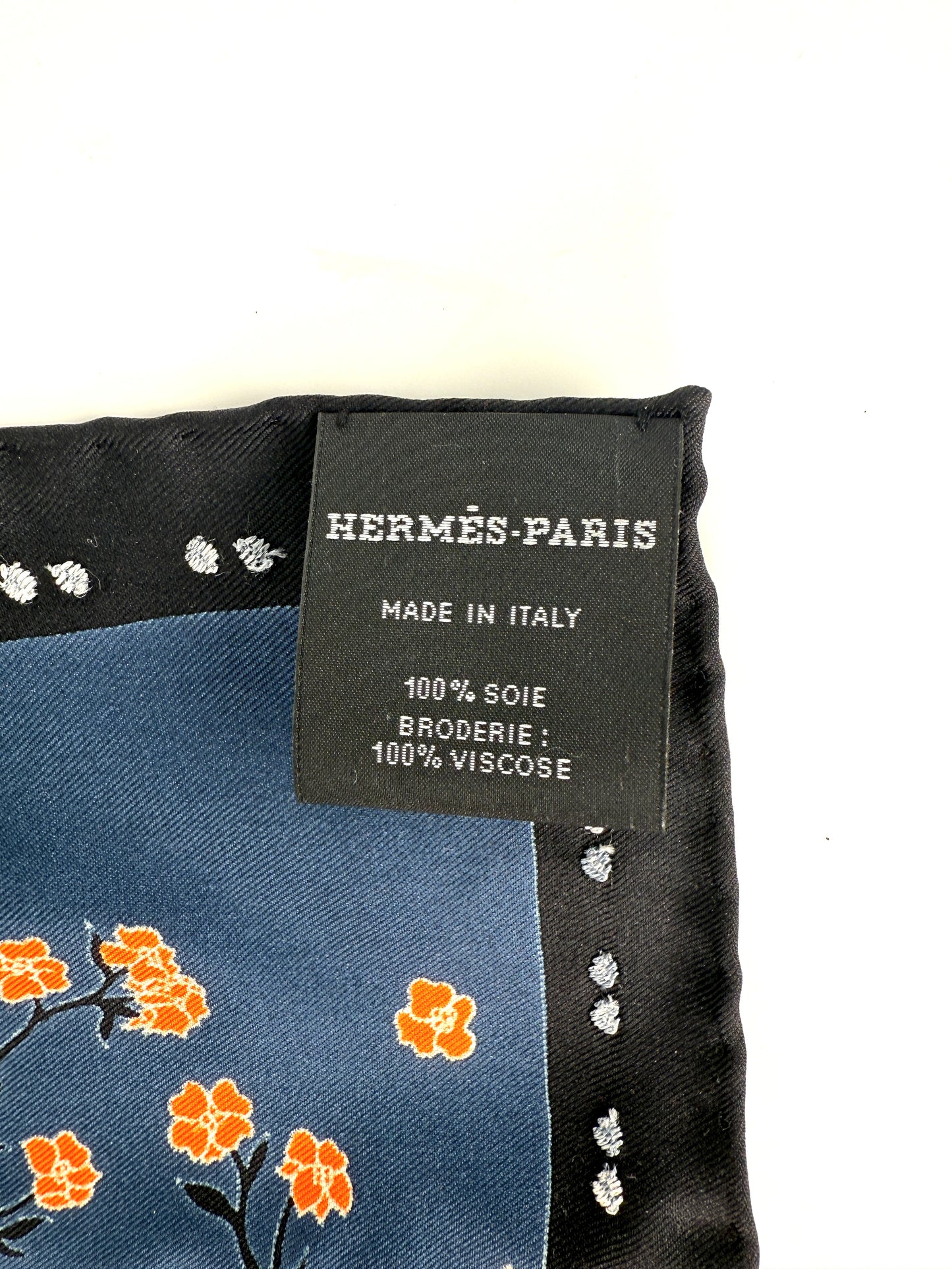 HERMES Robe Legere Embroidered Black Creme Silk Square Scarf 45