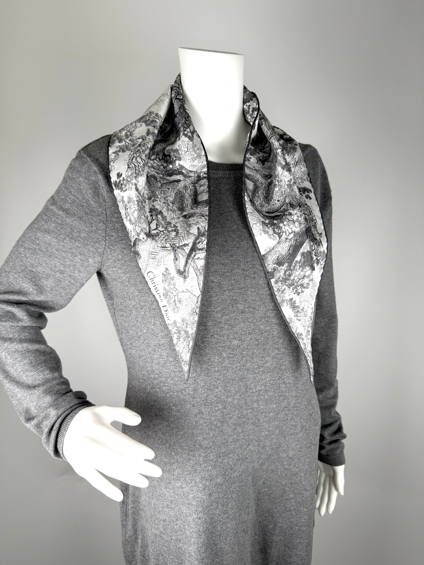 New Christian Dior Toile de Jouy Sauvage Diamond Silk Gray White Scarf