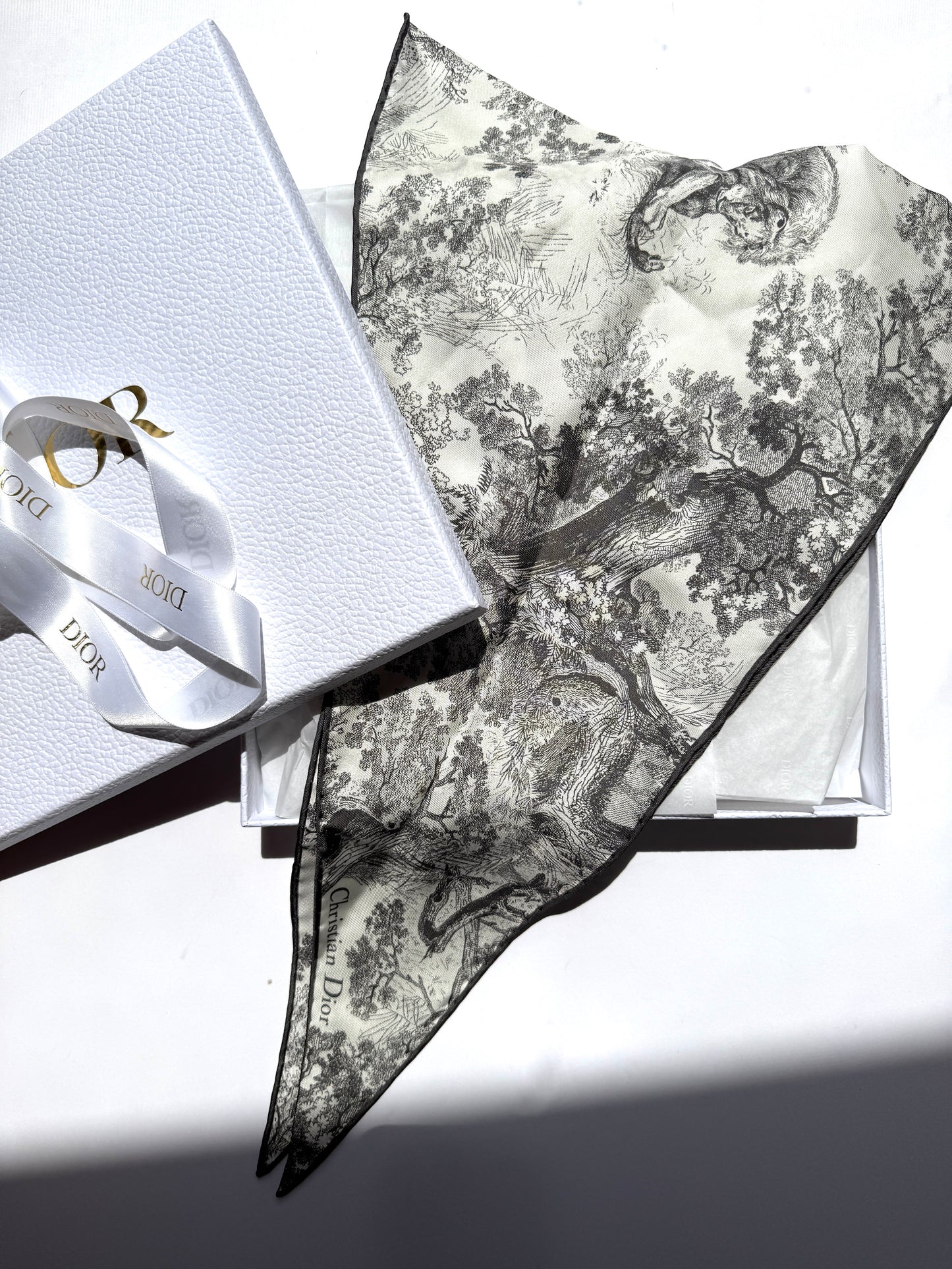 New Christian Dior Toile de Jouy Sauvage Diamond Silk Gray White Scarf