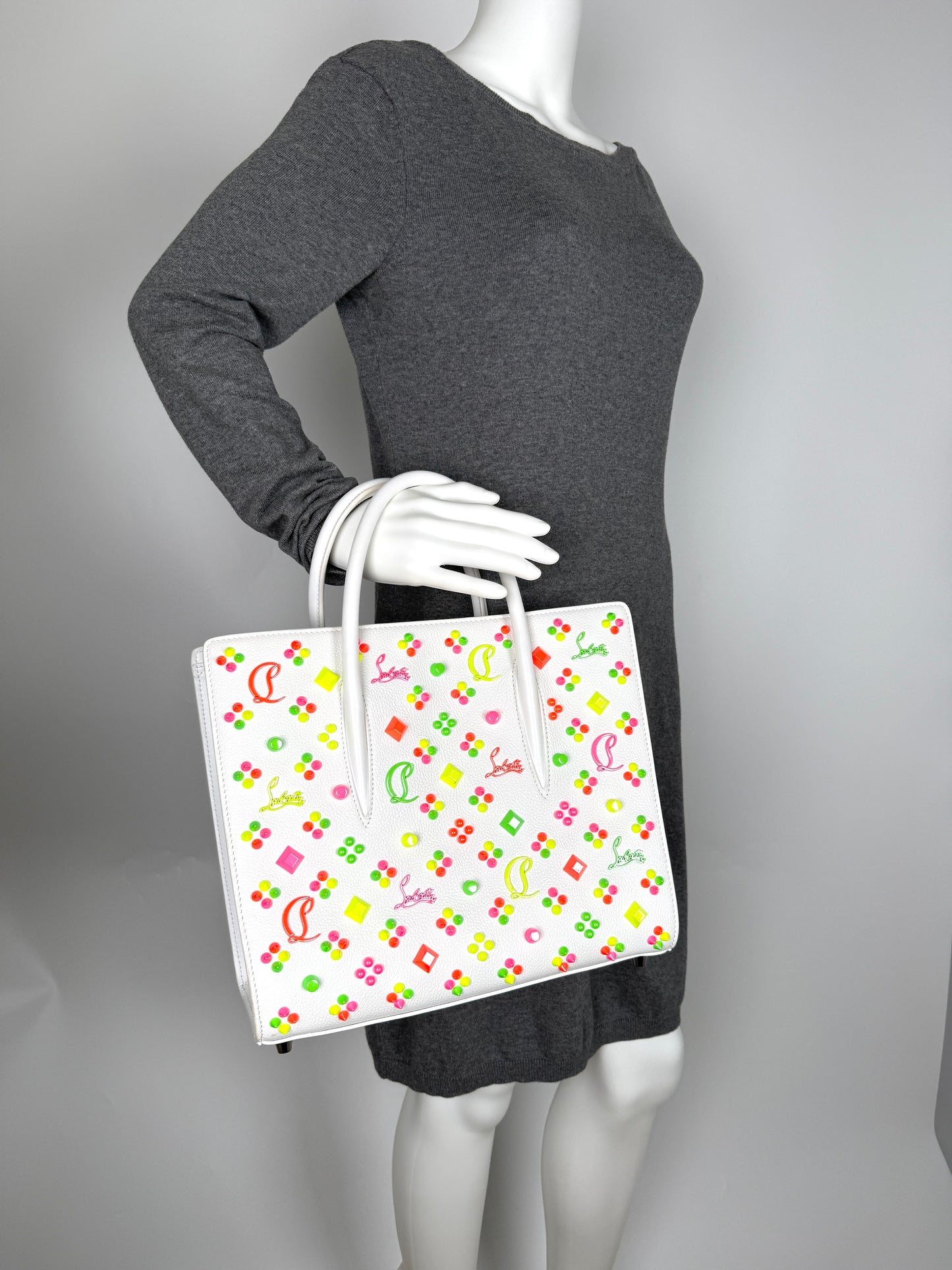 Christian Louboutin Paloma Medium Spike Loubinthesky White Neon Pink Leather Tote