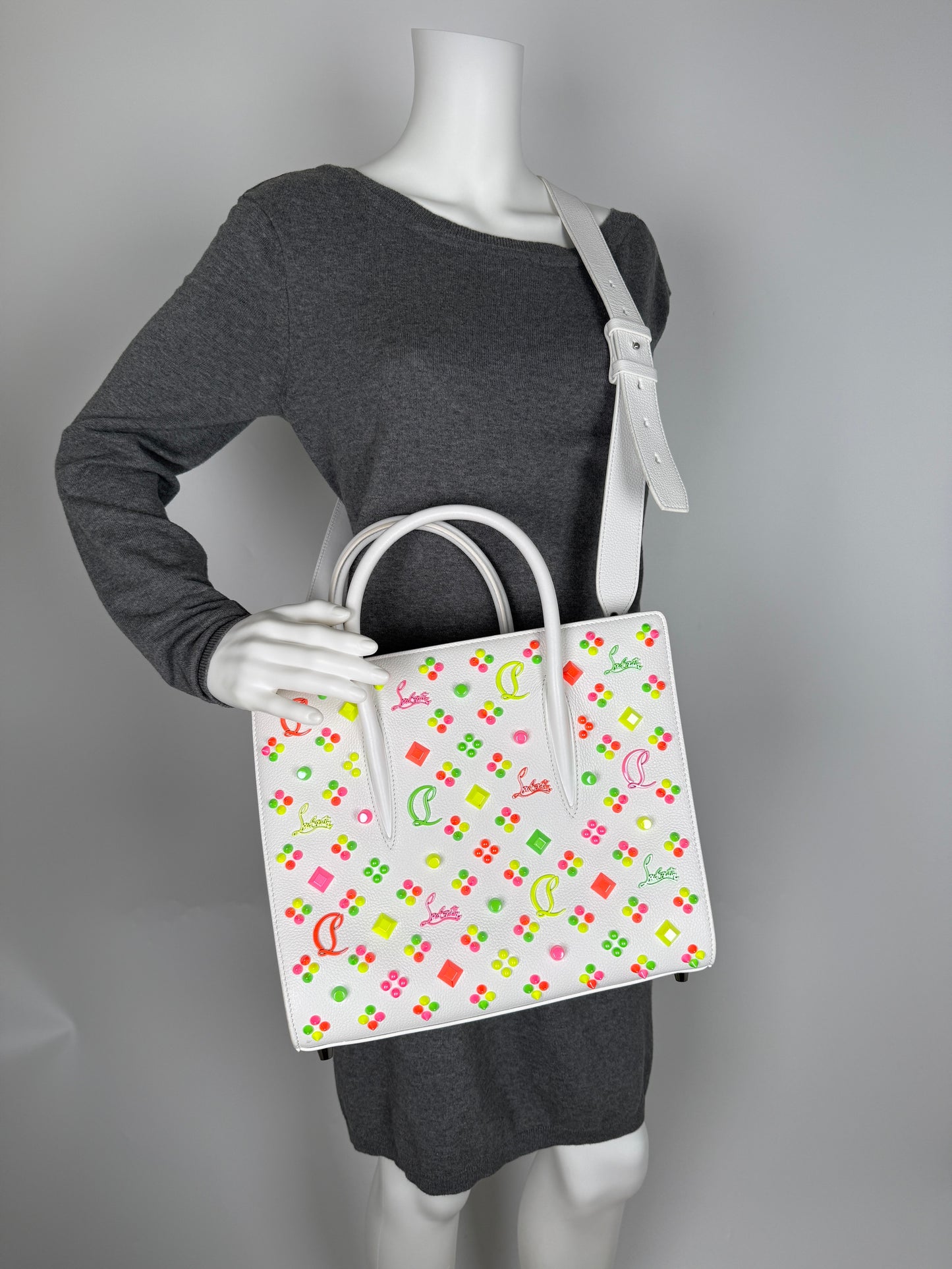 Christian Louboutin Paloma Medium Spike Loubinthesky White Neon Pink Leather Tote