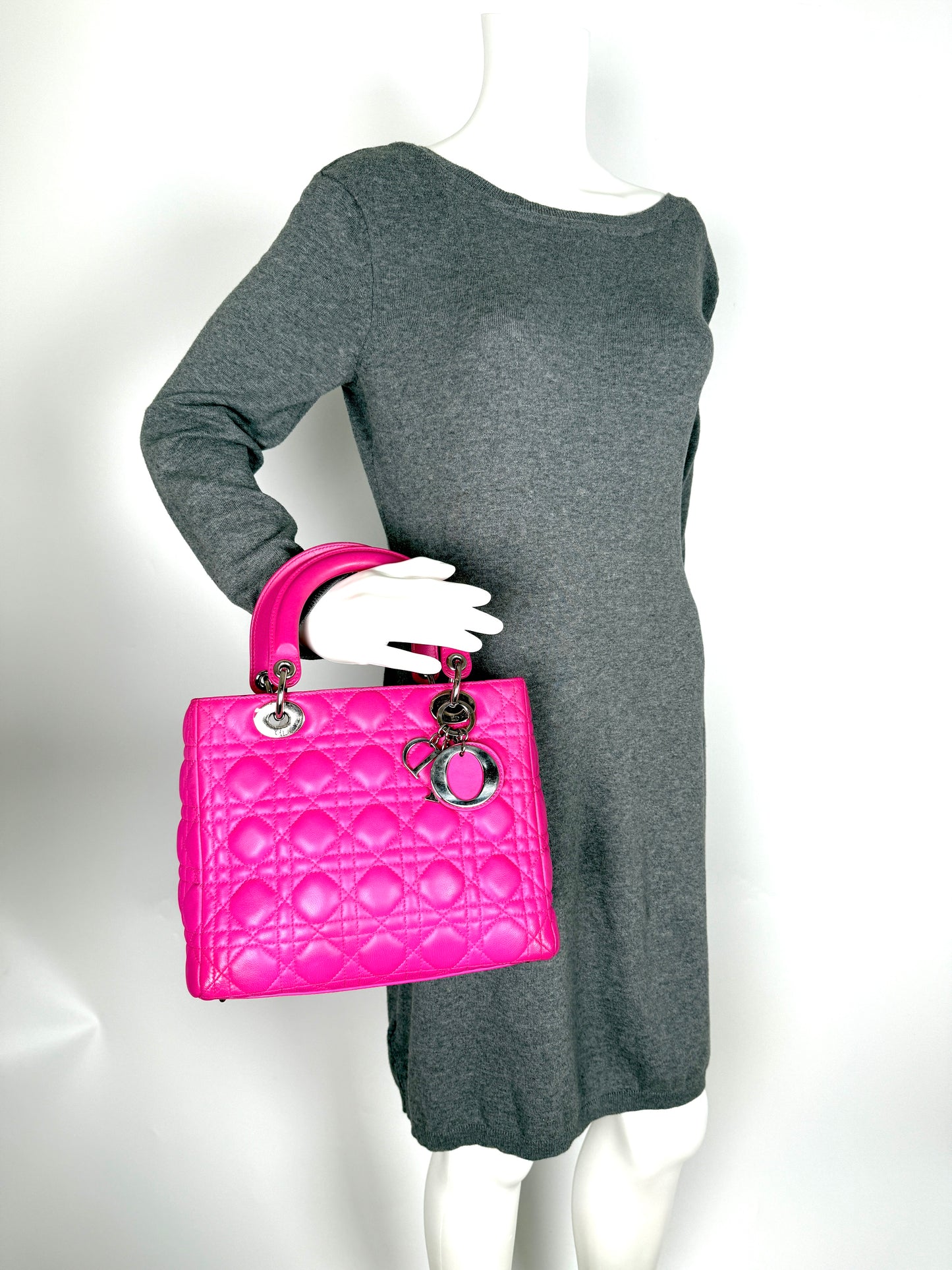 Christian Dior Medium Cannage Lady Dior Pink Lambskin Leather Top Handle Bag