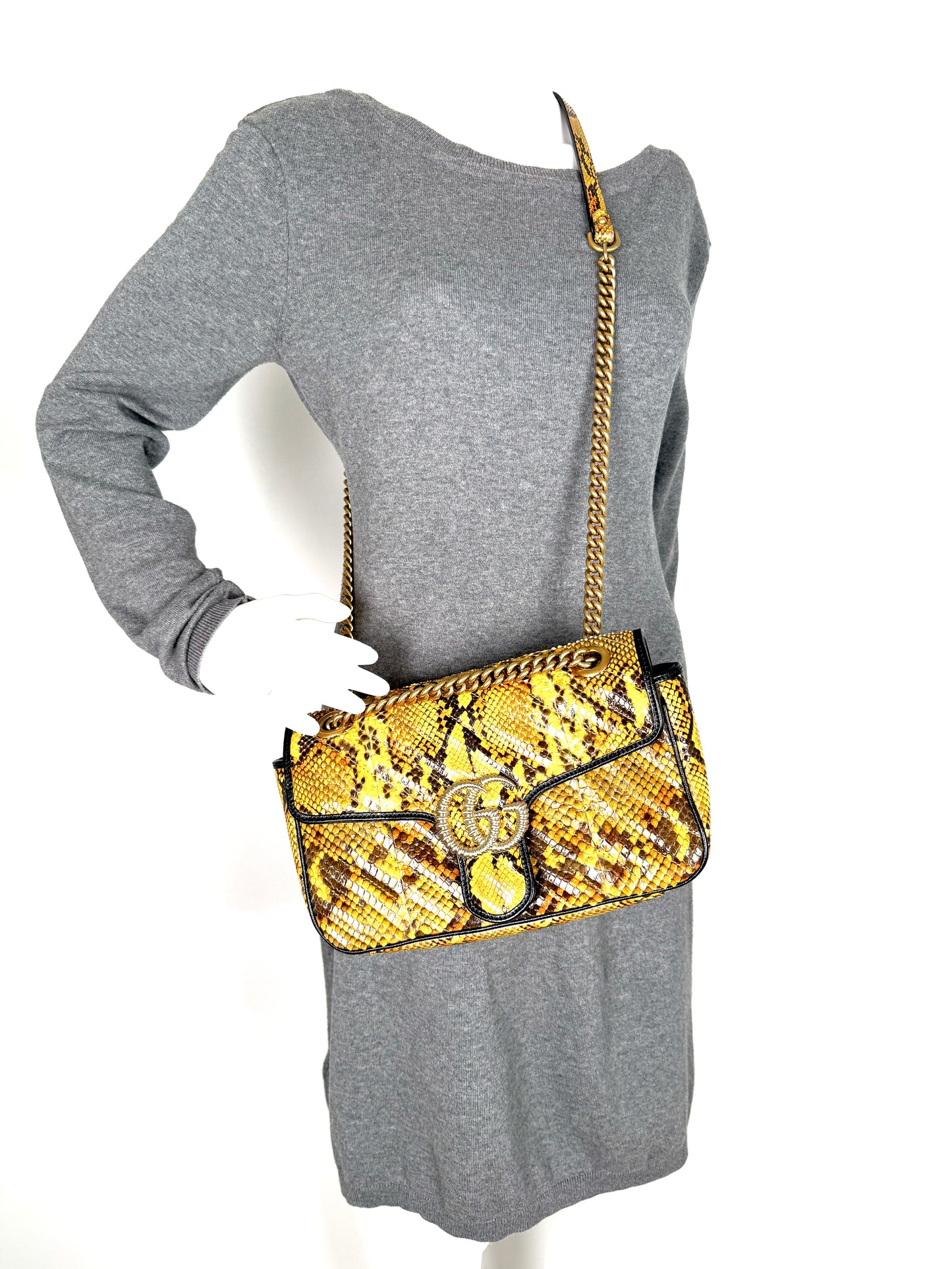 GUCCI GG Marmont Matellase Small Python Snakeskin Black Yellow Crossbody Shoulder Flap Bag