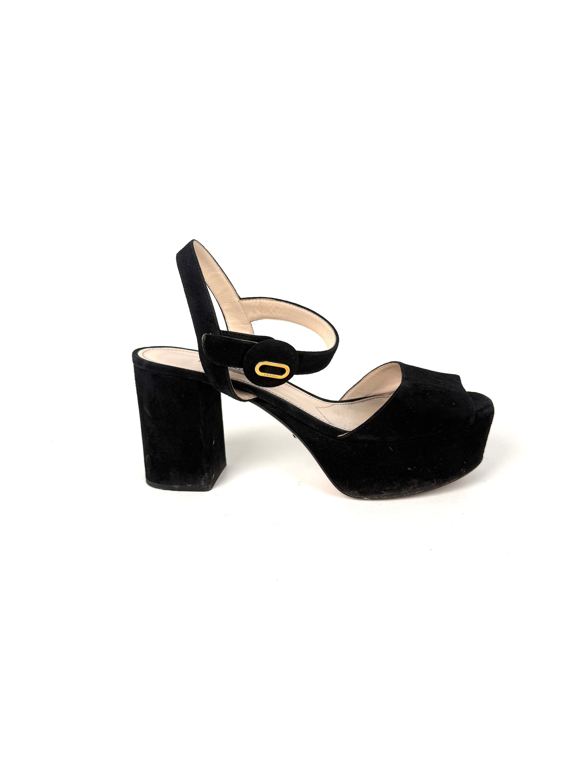 Prada Black Suede Platform Block Heel Sandals 39.5, 9
