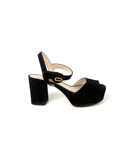 Prada Black Suede Platform Block Heel Sandals 39.5, 9