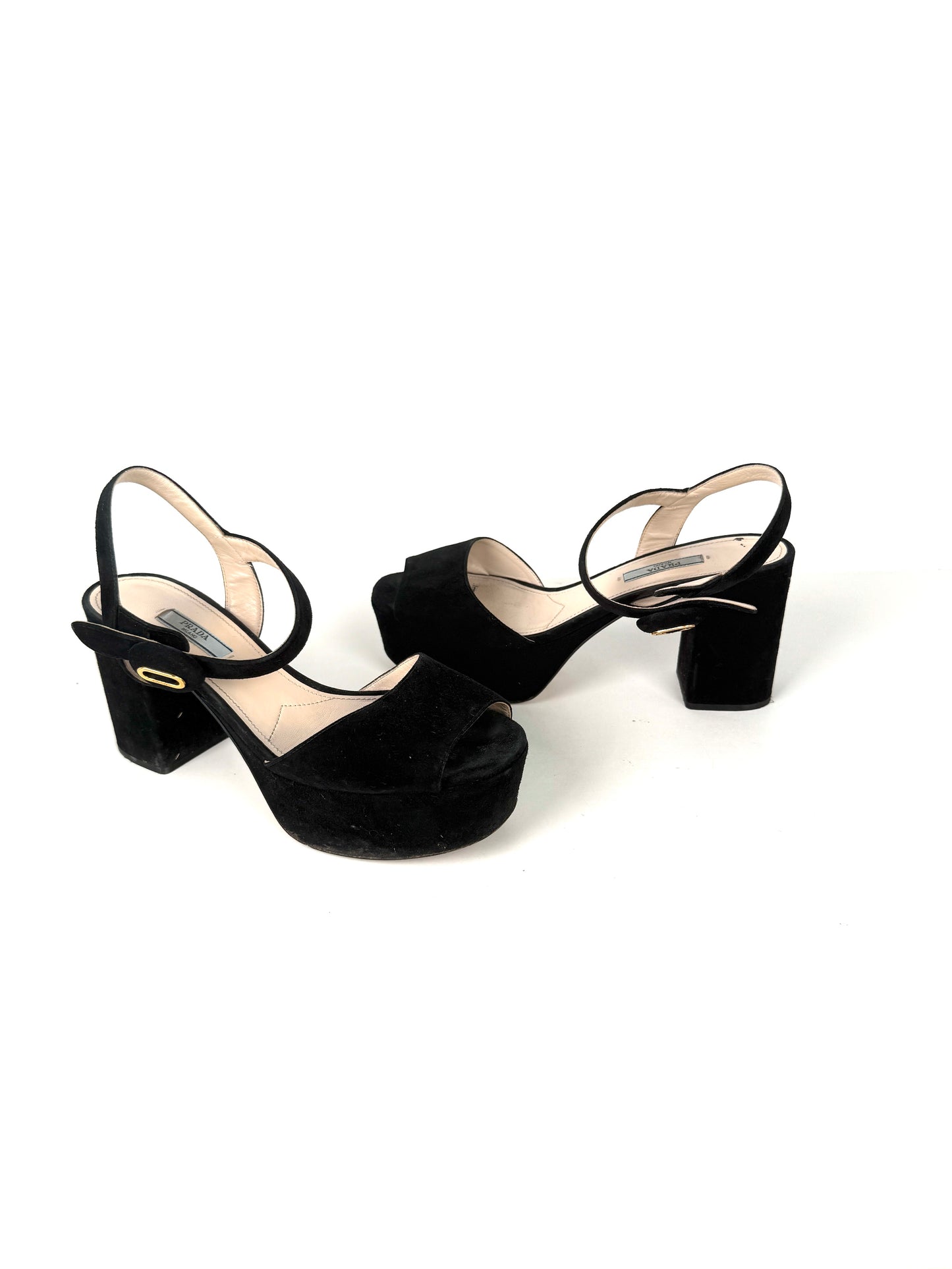 Prada Black Suede Platform Block Heel Sandals 39.5, 9