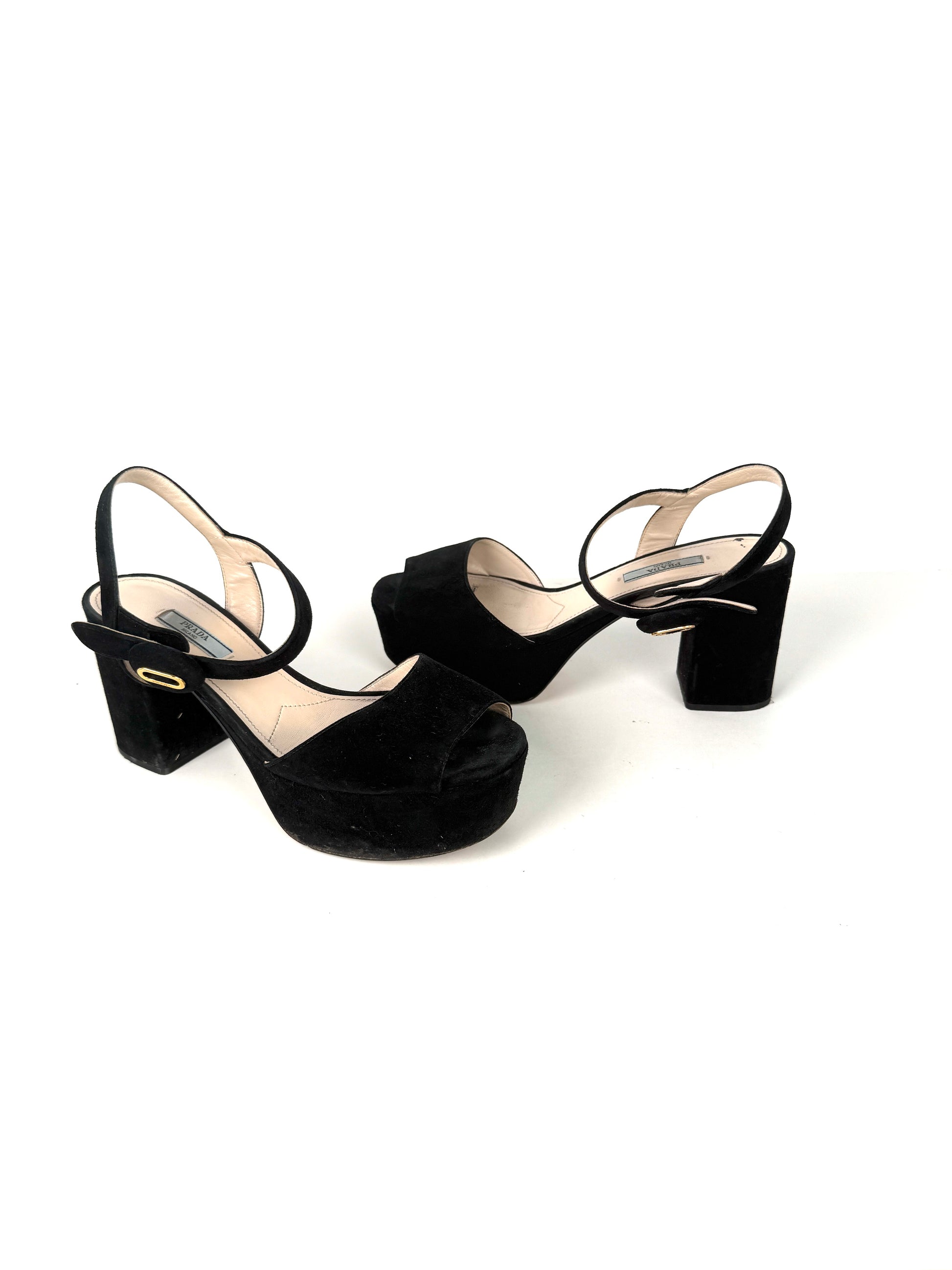 Prada Black Suede Platform Block Heel Sandals 39.5, 9